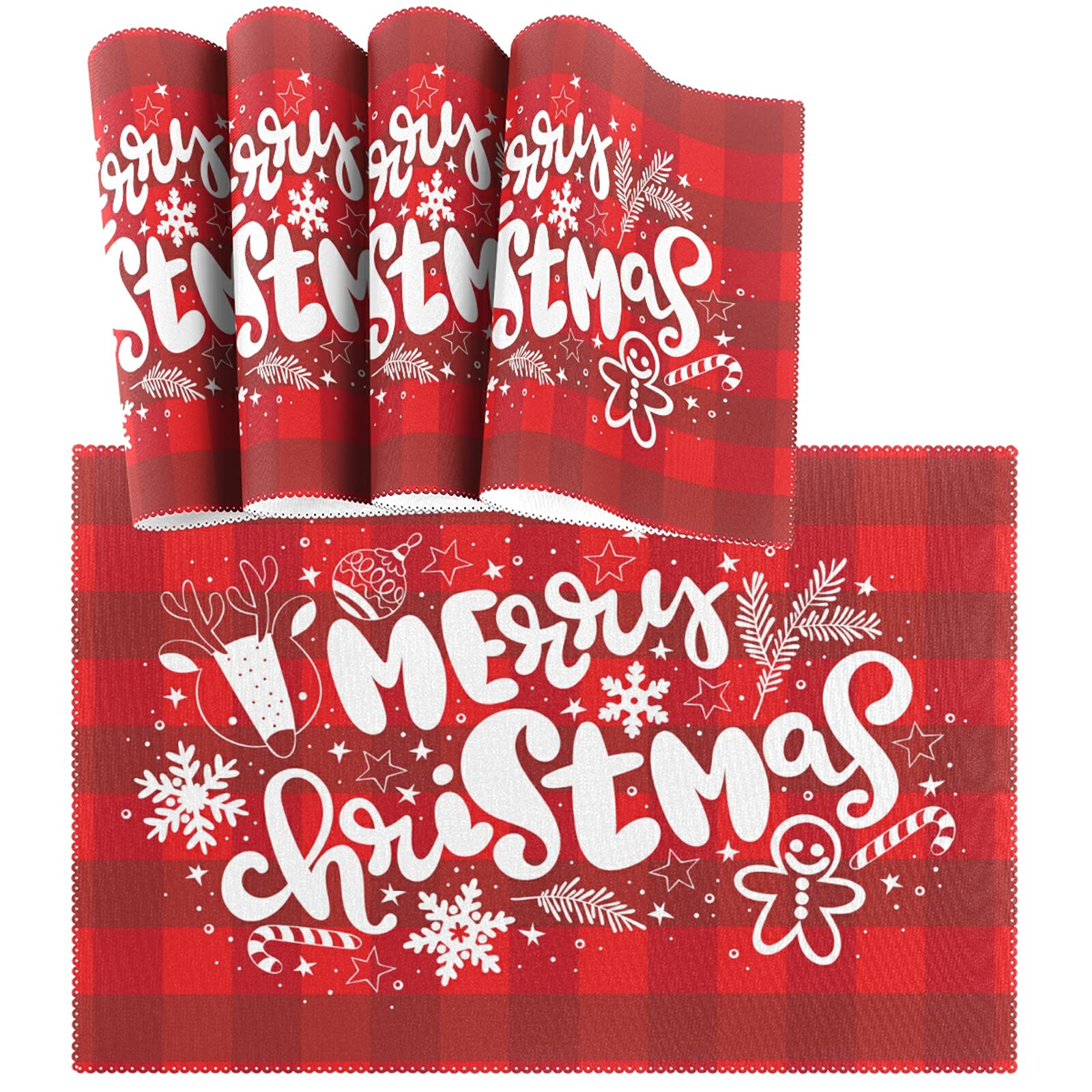 Merry Christmas Placemats Set of 4 - Holiday Plaid Non-Slip Heat-Resistant Washable Table Mats for Kitchen & Dining - 12