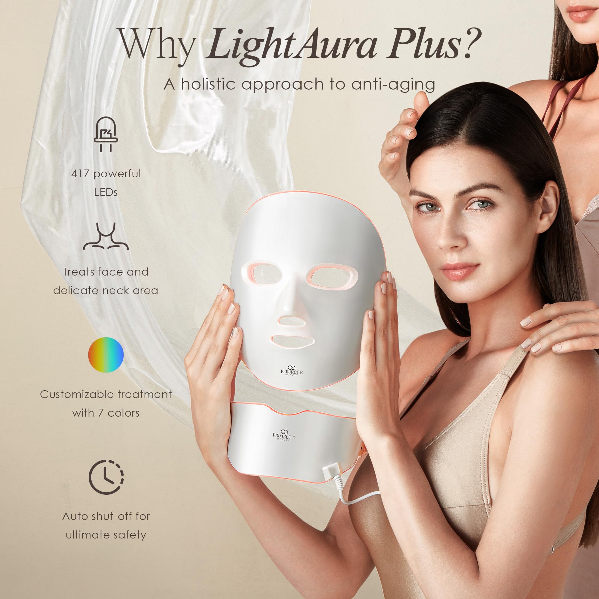 Project E Beauty LightAura Plus LED Light Therapy Mask - 7 Color LED Face & Neck Mask for Skin Rejuvenation, Anti-Aging & Wrinkle Reduction | Anti-Inflammatory & Brightening Skincare Treatment | Perfect for At-Home Spa Days & Post-Procedure Recovery