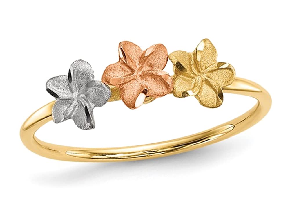 14K Yellow, White & Pink Gold Three Flower Ring for Women - Elegant Floral Jewelry for Wedding, Anniversary & Gift Giving