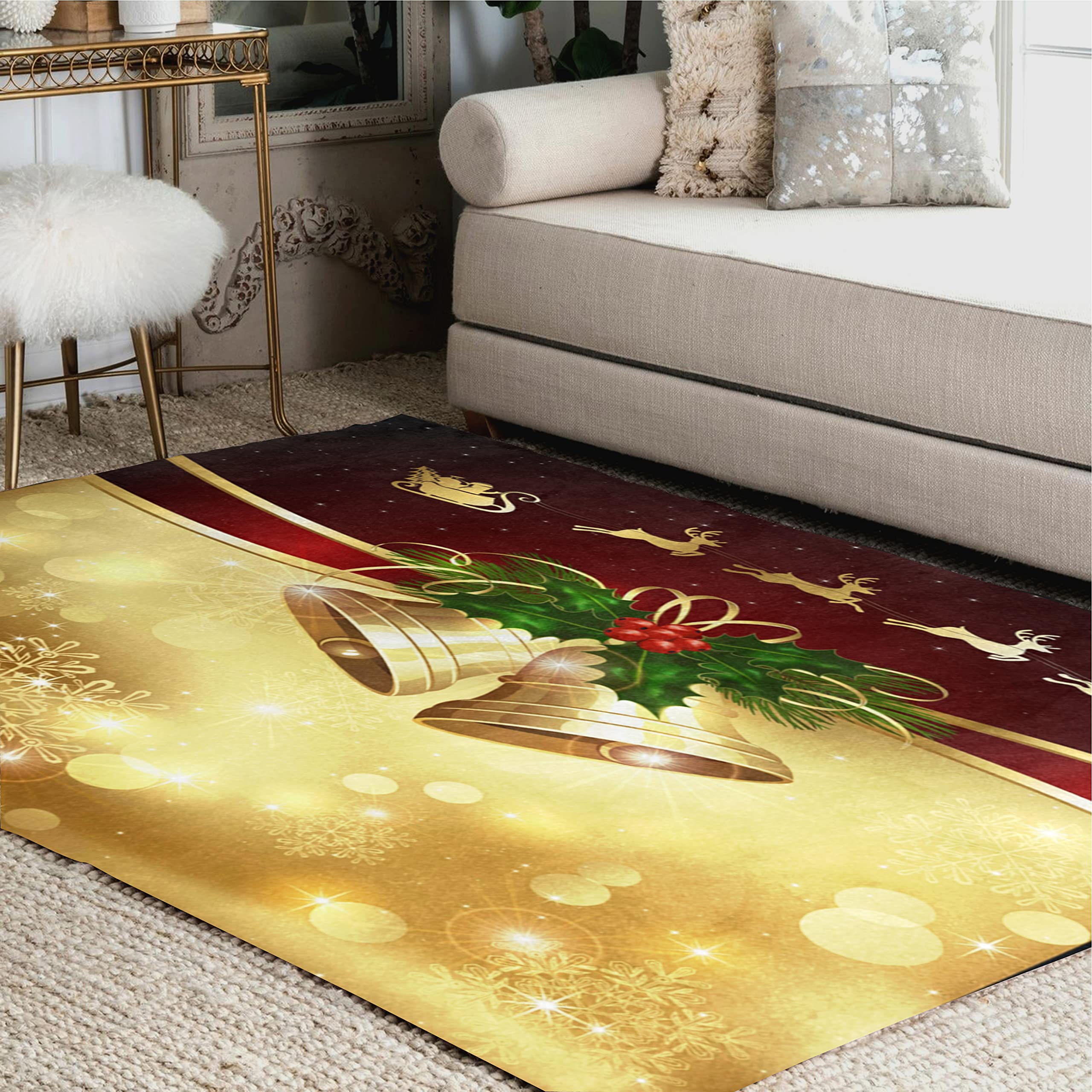 ALAZA Golden Christmas Bell Snowflake Area Rug 7' x 5' - Holiday Home Decor for Living Room, Bedroom, Office & Entryway - Festive Winter Floor Mat for Xmas Decorations