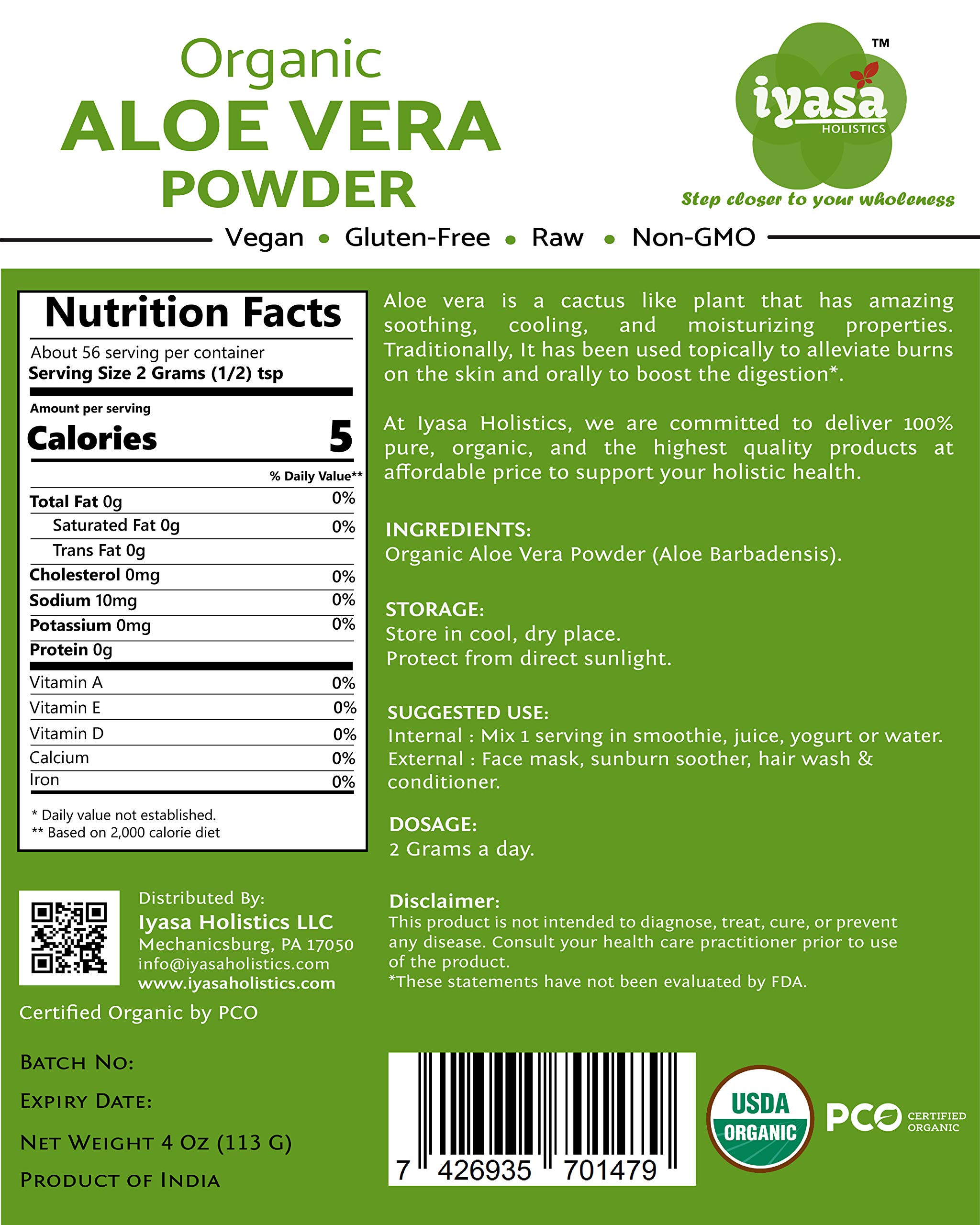 Organic Aloe Vera Leaf Powder (Aloe Barbadensis) - 4oz Resealable Pouch | Natural Hair Conditioner, Skin Moisturizer & Exfoliating Scrub | For DIY Face Masks, Hair Treatments & Body Care