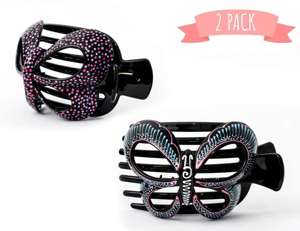 Hand Painted Butterfly Barrettes - 2 Pcs Unique Bun Cover Hair Clips for Thick & Thin Hair - Hair Bun Holder & Claw Clip for Women & Girls - Perfect for Weddings, Parties & Everyday Hairstyles