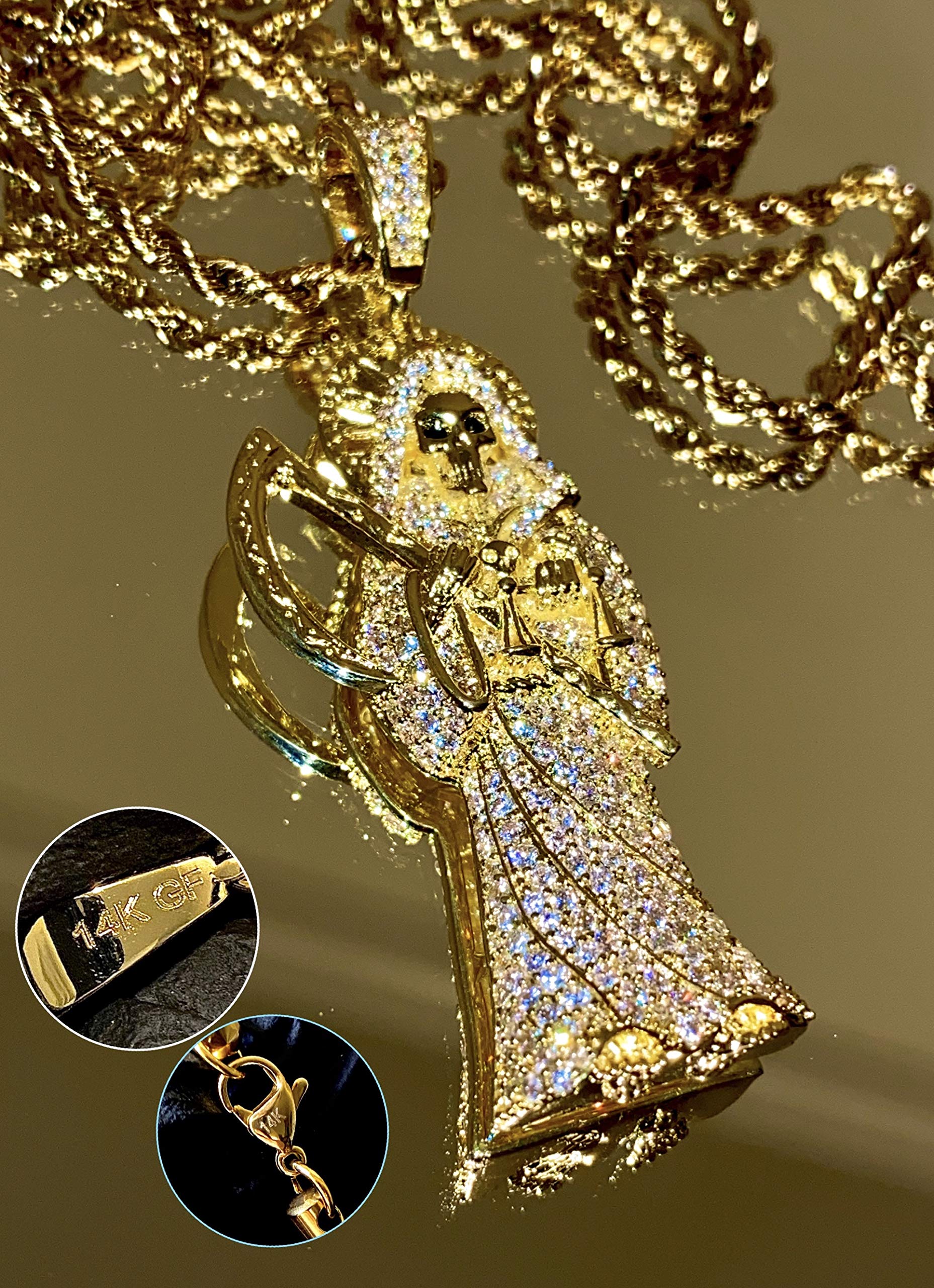 925 Sterling Silver Santa Muerte Pendant with Gold Finish & Iced Out Design - 2mm Stainless Steel Rope Chain Necklace for Men & Women - Perfect for Gifts, Everyday Wear, and Spiritual Protection Jewelry