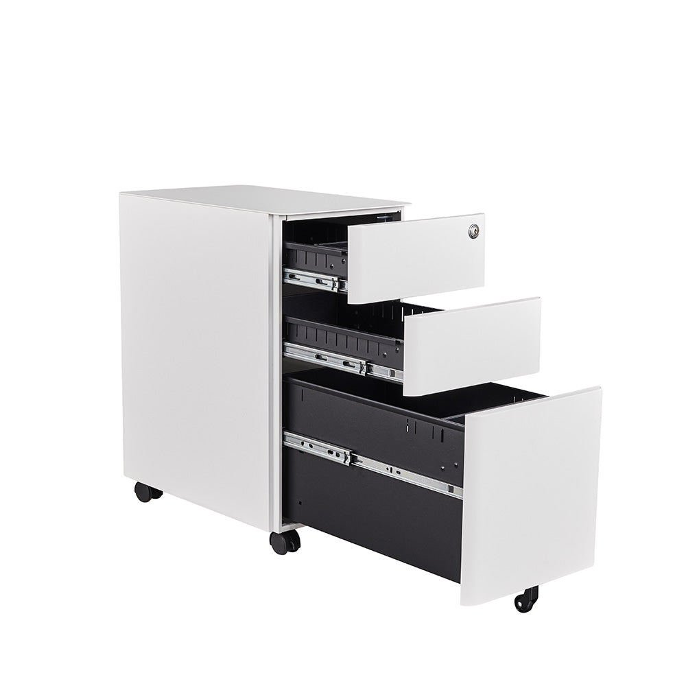 MARLO 3-Drawer Slim Mobile Pedestal Cabinet - White | Compact Rolling File Storage for Office & Home Workspace Organization