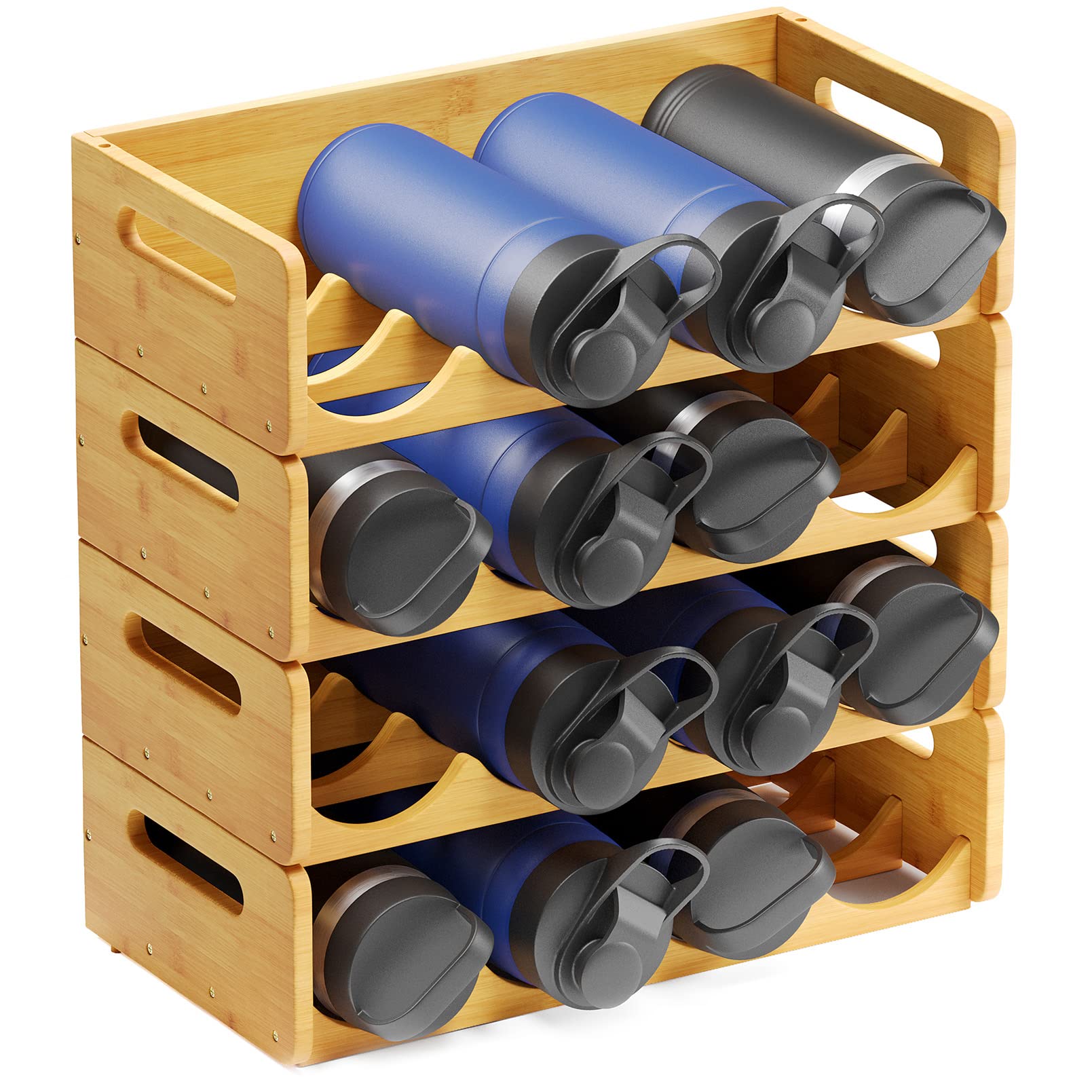 SpaceAid 4-Pack Bamboo Water Bottle Organizer with Labels - Kitchen Pantry Storage Rack for Cabinets, Home Cup & Wine Bottle Holder Shelf - 4-Slot Design Holds 16 Bottles - Perfect for Kitchen Organization, Pantry Storage & Home Decluttering
