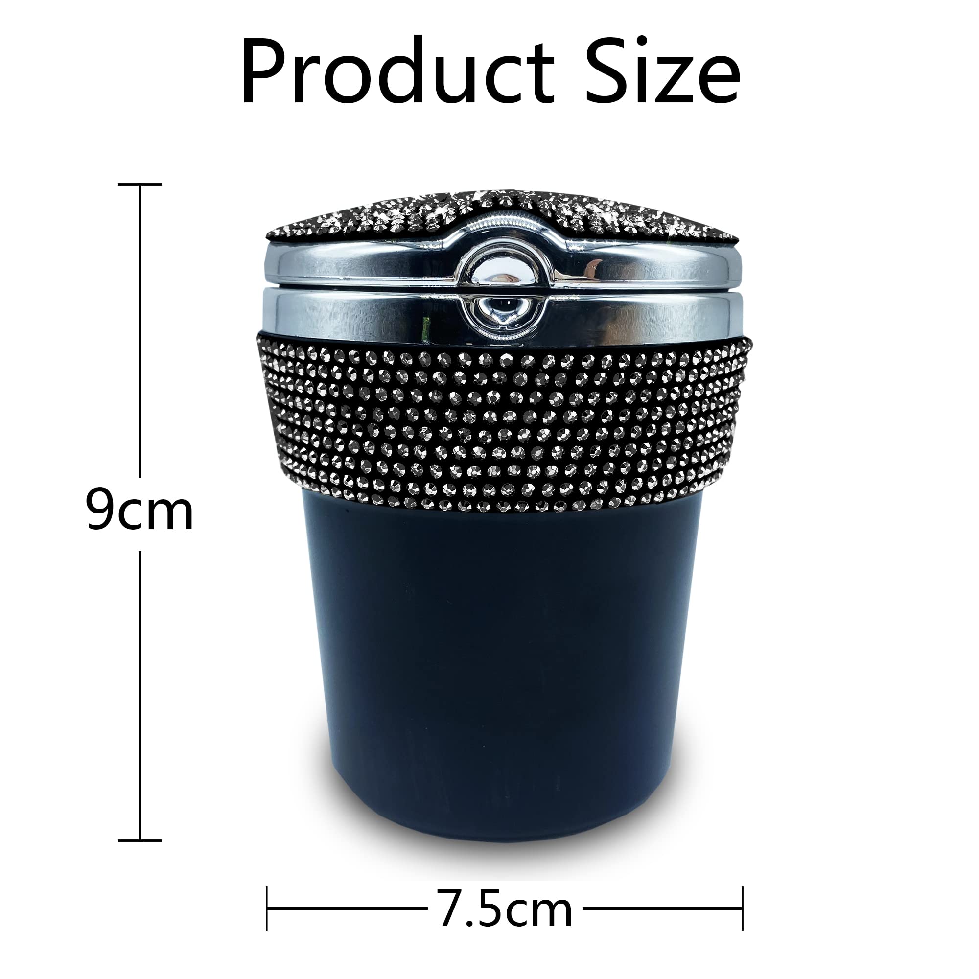 Portable Smell-Proof Crystal Diamond Car Ashtray with Lid & LED Light - Auto Cigarette Ashtray for Women, Car, Home & Office - Bling Pink Car Accessories (Black) | Perfect for Travel, Road Trips & Smoke-Free Spaces