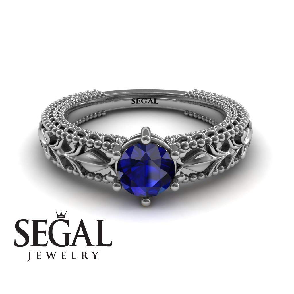 14K White Gold Victorian Art Deco Engagement Ring with Sapphire - Unique Antique Jewelry for Weddings, Anniversaries & Special Occasions