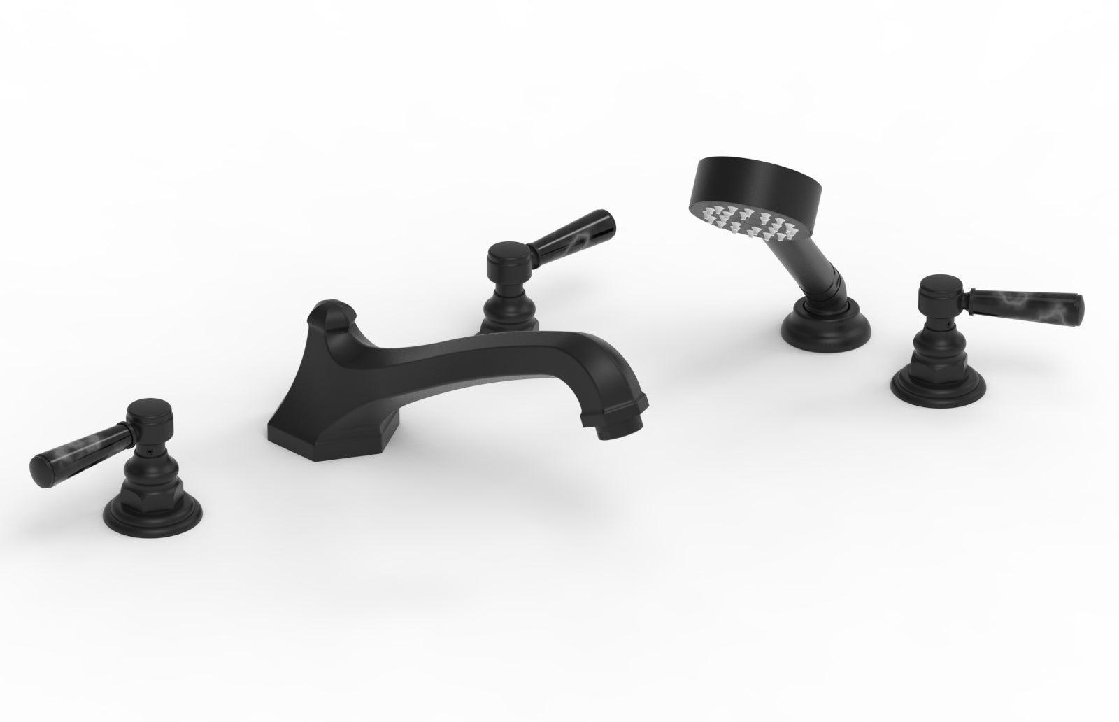 HEX TRADITIONAL Deck Mounted Bathtub Set with Hand Shower - Black Marble Lever Handles - 50