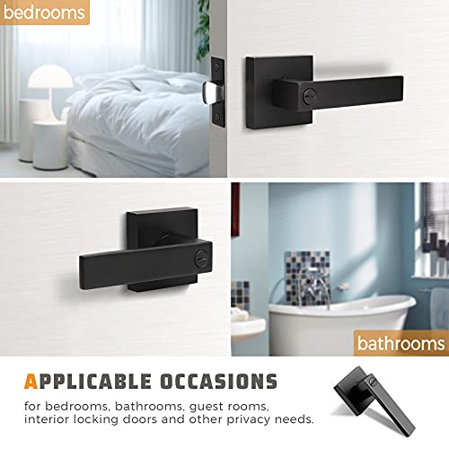 KNOBWELL 10-Pack Modern Square Privacy Door Handles with Lock (No Key) - Heavy Duty Black Lever Handles for Bedroom, Bathroom & Interior Doors | Durable Home & Office Hardware Upgrade