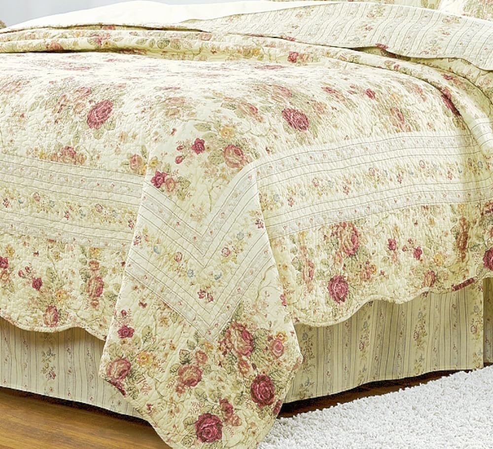 Romantic Roses Queen Size Cotton Quilt Set - 4pc Bedding with Sheet Grippers | Soft Breathable Comforter Cover for Master Bedroom, Guest Room & Dorm Decor