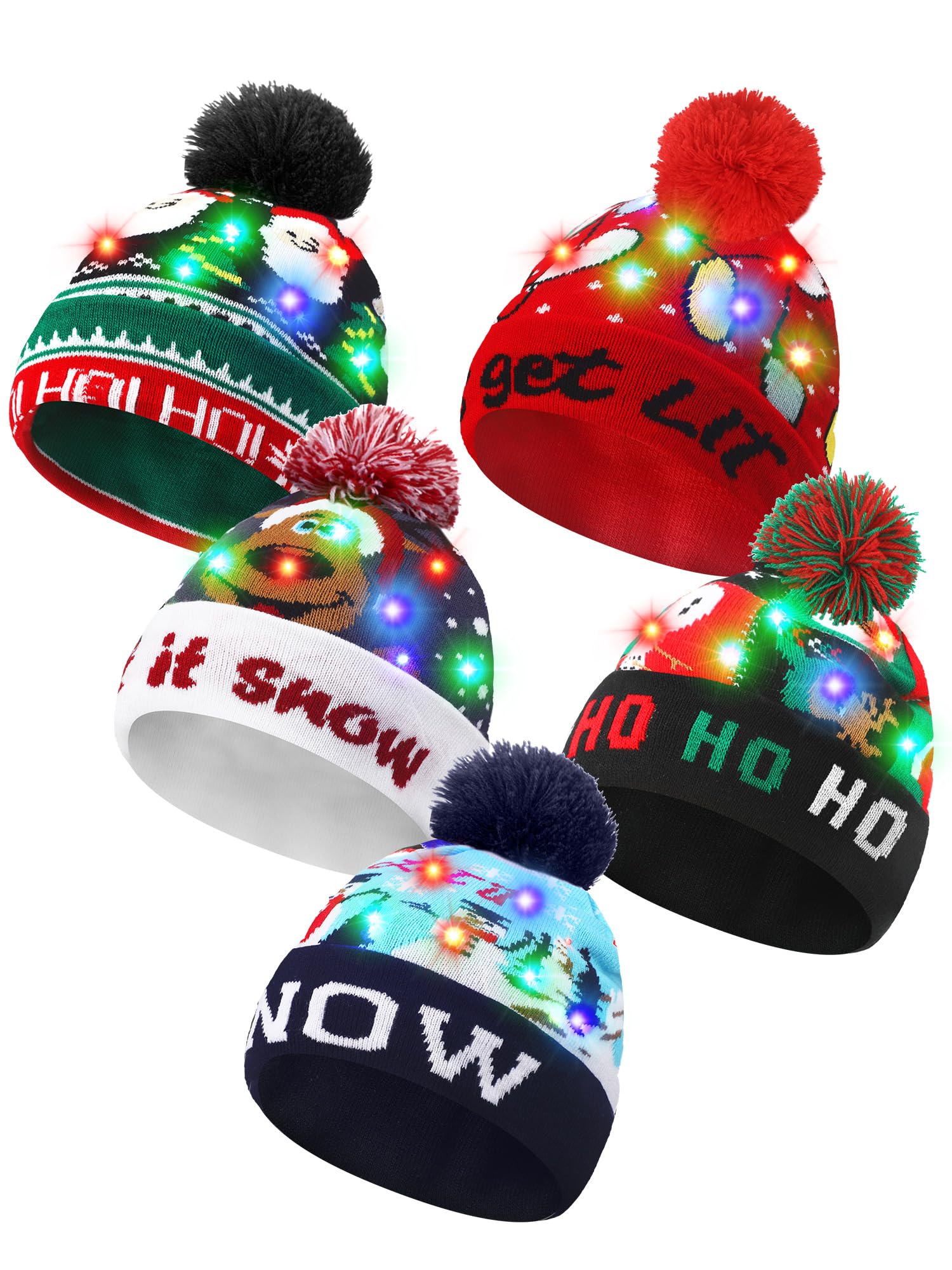 Geyoga 5 Pack Christmas LED Knit Beanie Hats - Colorful Light Up Winter Hats for Xmas Holiday Parties, New Year Celebrations & Festive Gatherings