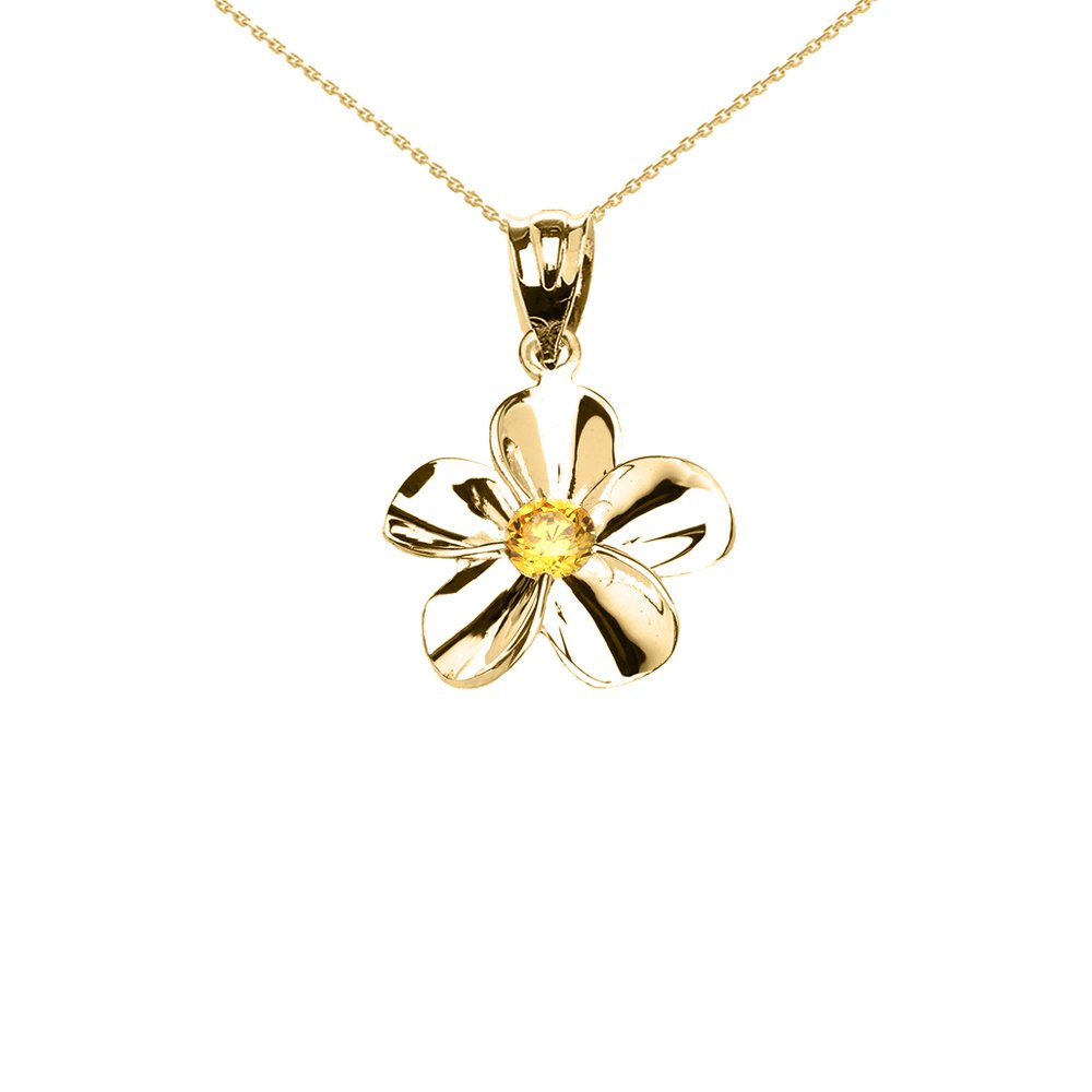10K Yellow Gold Hawaiian Plumeria Genuine Citrine Dainty Pendant Necklace for Women - Elegant Layering Jewelry for Beach Weddings, Summer Vacations & Boho Fashion