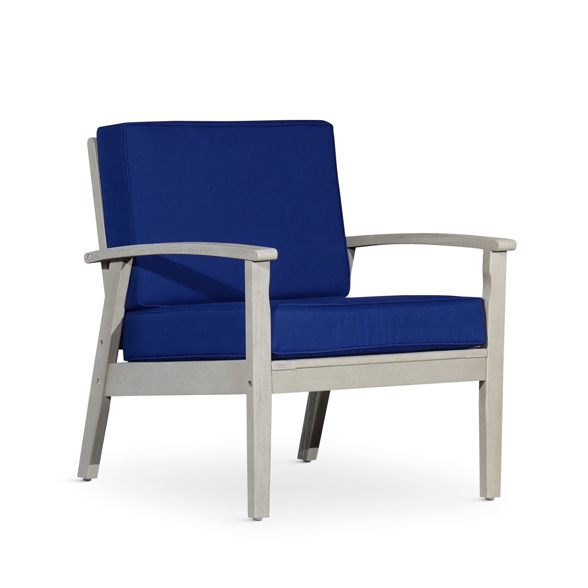 DTY Outdoor Living Longs Peak Deep Seat Eucalyptus Chair - Weather-Resistant Driftwood Gray Finish with Navy Cushions, Perfect for Patio, Garden, Poolside & Backyard Relaxation