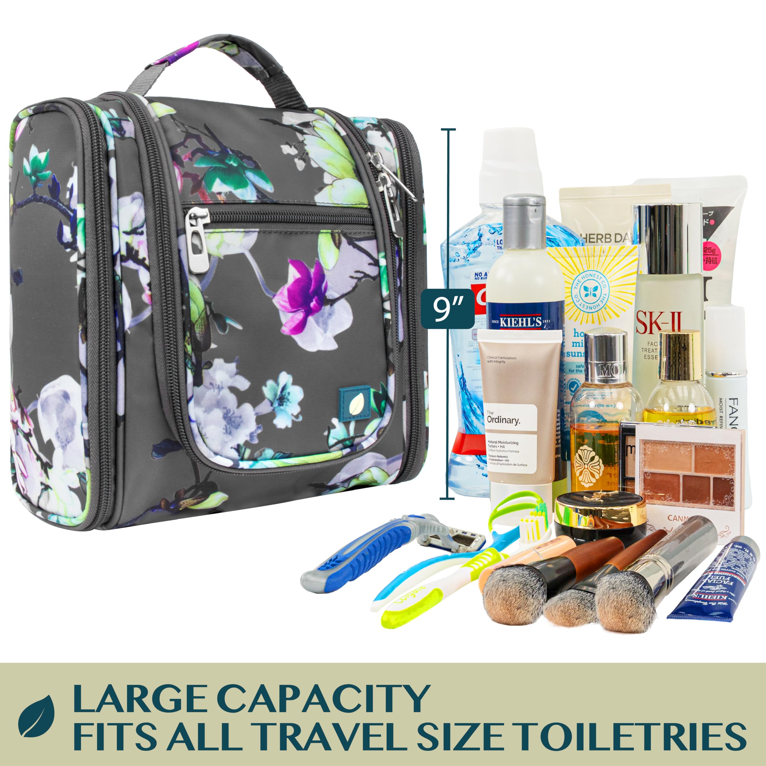 PAVILIA Hanging Toiletry Bag for Women & Men - Large Waterproof Travel Cosmetic Organizer with Multiple Pockets for Makeup, Accessories & Toiletries - Perfect for Vacation, Gym & Business Trips (Floral Grey)
