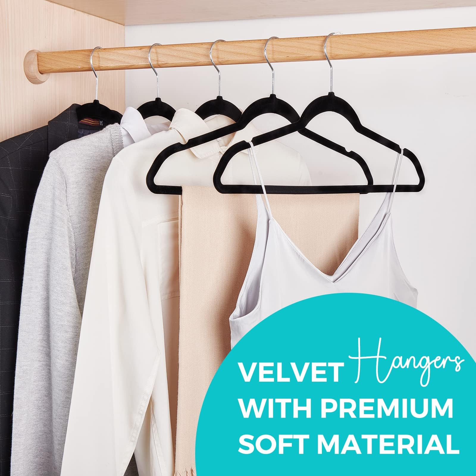 Premium Black Velvet Hangers 60 Pack - Non-Slip Felt Closet Organizers, Heavy Duty Coat & Suit Hangers for Space Saving, No Crease 360° Swivel Hooks (Tranquil Black) - Perfect for Closet Organization, Travel & Delicate Garment Care