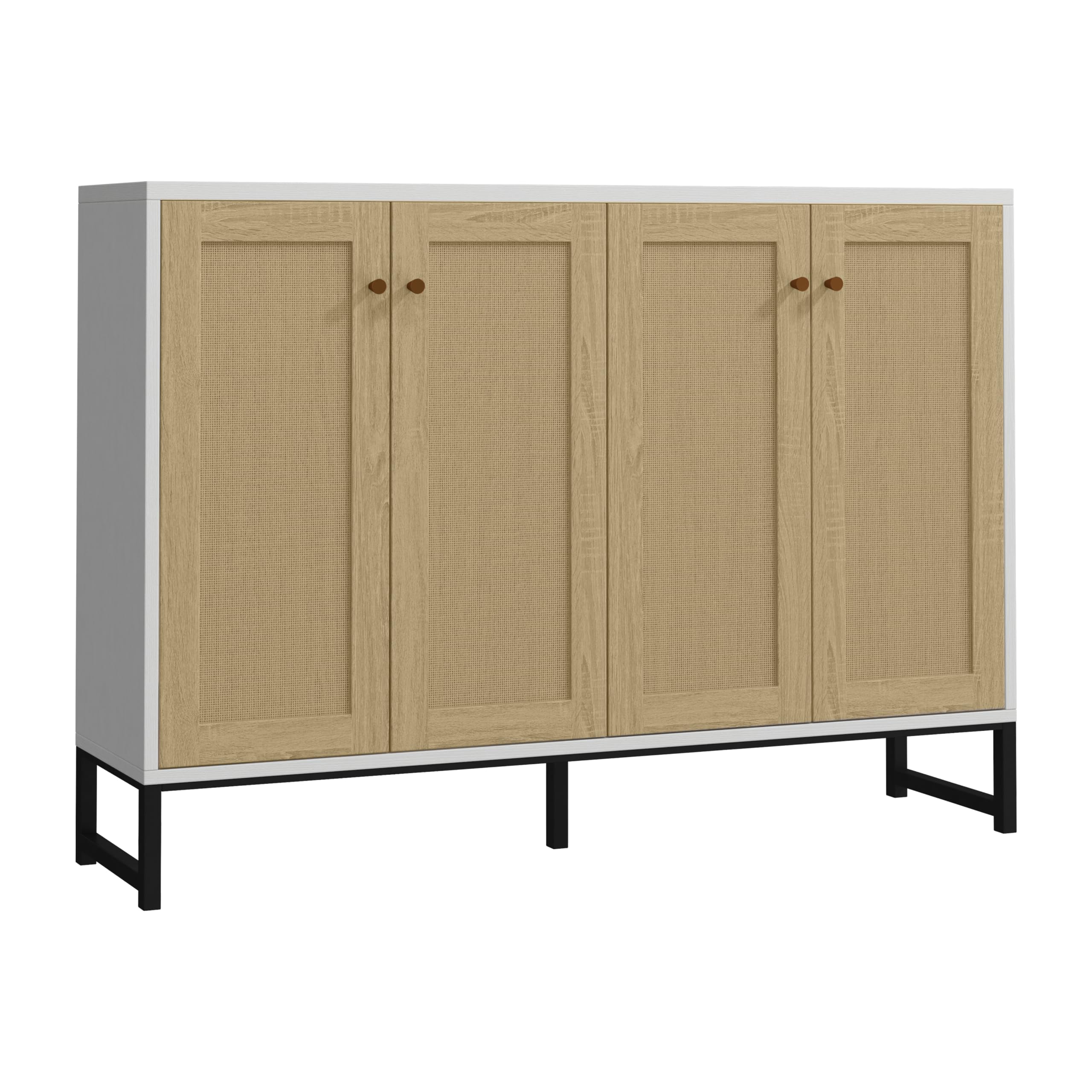 Panana 4-Door Sideboard Accent Storage Cabinet with Rattan Decor - White Freestanding Kitchen Buffet & Dining Room Cupboard | Perfect for Farmhouse Decor, Kitchen Organization & Dining Room Storage