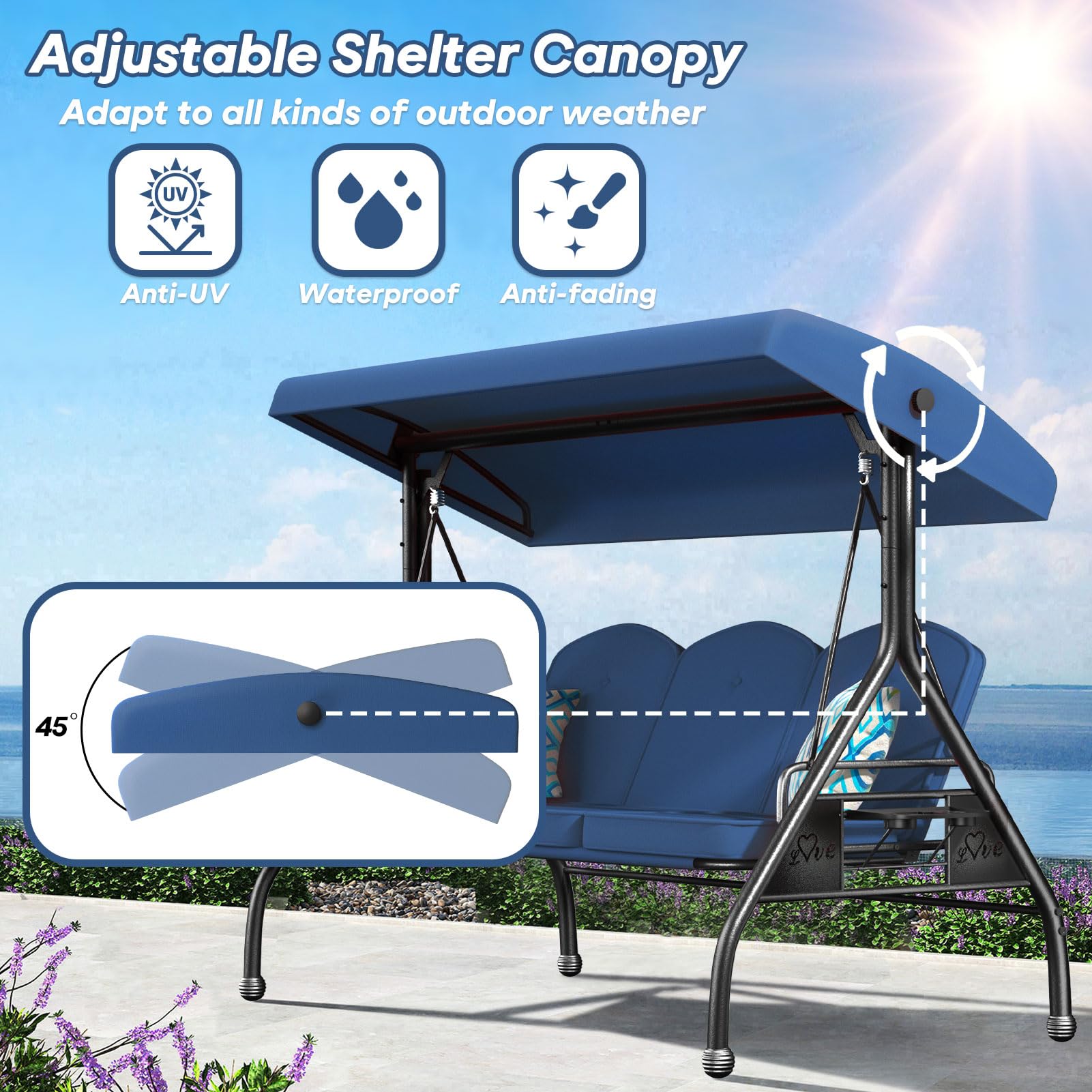 3-Seat Outdoor Porch Swing with Stand - 800lb Capacity 2-in-1 Patio Glider Chair with Adjustable Canopy & Removable Cushions - Heavy Duty Steel Frame for Yard, Garden, Deck or Backyard Relaxation (Blue, Round Tube Design)