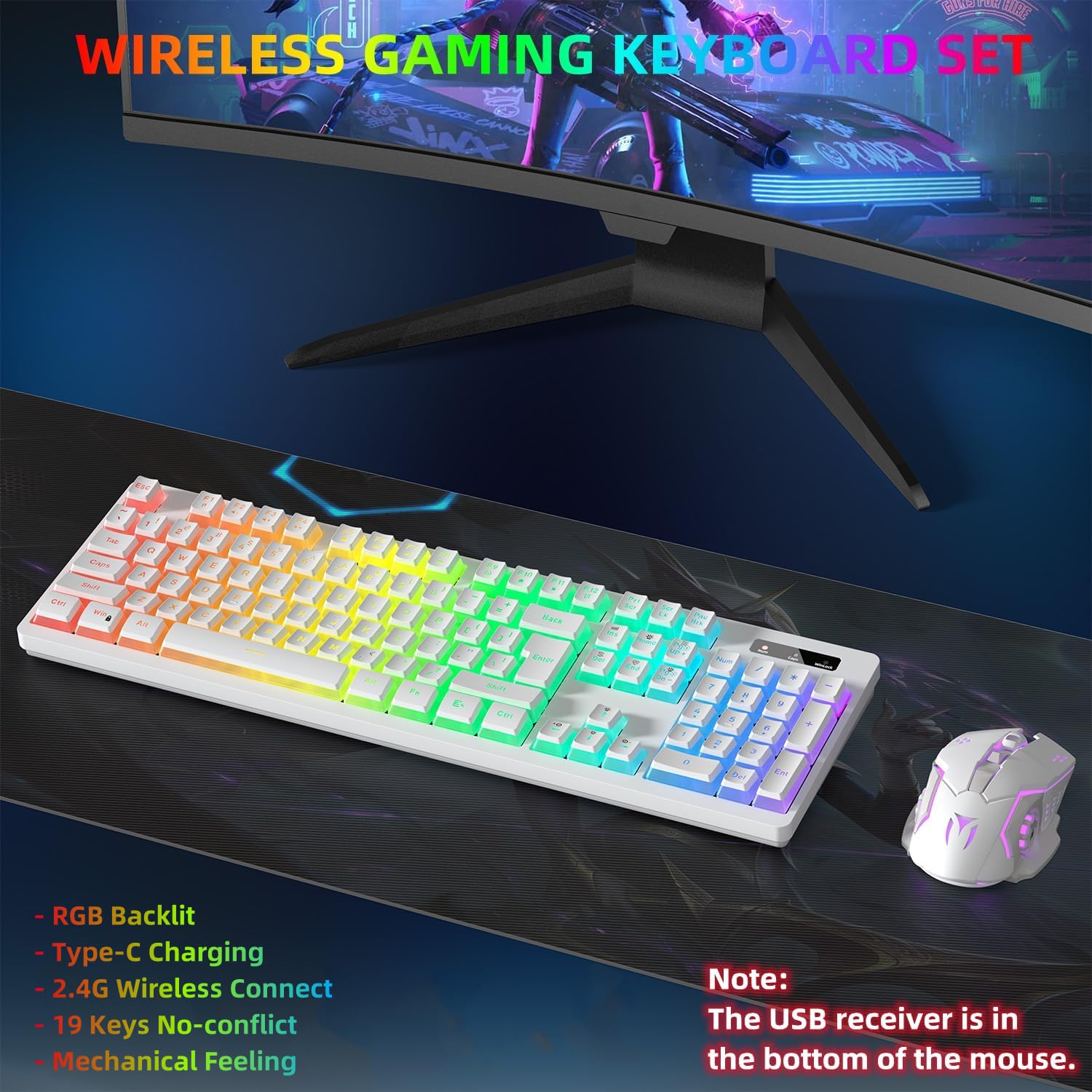 Wireless Gaming Keyboard and Mouse Combo with RGB Backlit - Rechargeable Ergonomic Keyboard Mouse Set for PC, Laptop, Mac | Long-Lasting Battery | Perfect for Gaming, Work & Office (White)