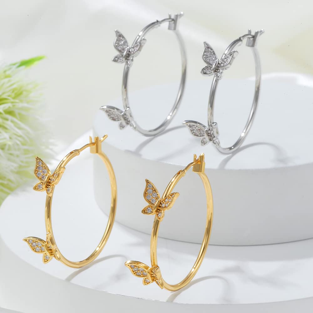 Dainty Butterfly Large Huggie Hoop Earrings for Women - Crystal Cubic Zirconia Endless Round Hoops - Boho Statement Jewelry - Perfect Birthday Gift for Her - Ideal for Parties, Weddings & Everyday Wear