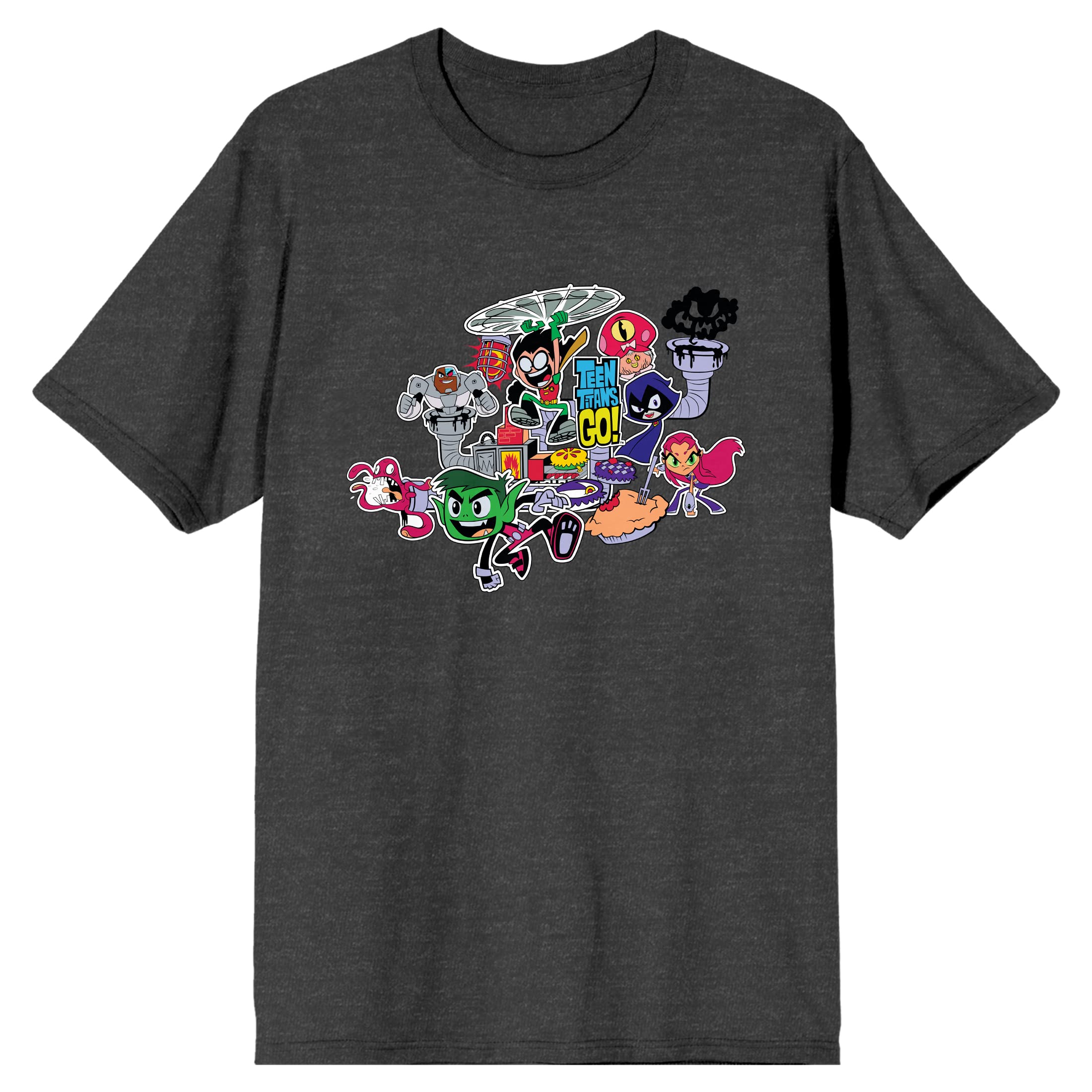 Teen Titans Go to The Movies Graphic T-Shirt - Official Teen Titans Main Characters Design with Pie Maker Print - Charcoal Heather Men's Tee - Perfect for Cosplay, Comic Con & Superhero Fans