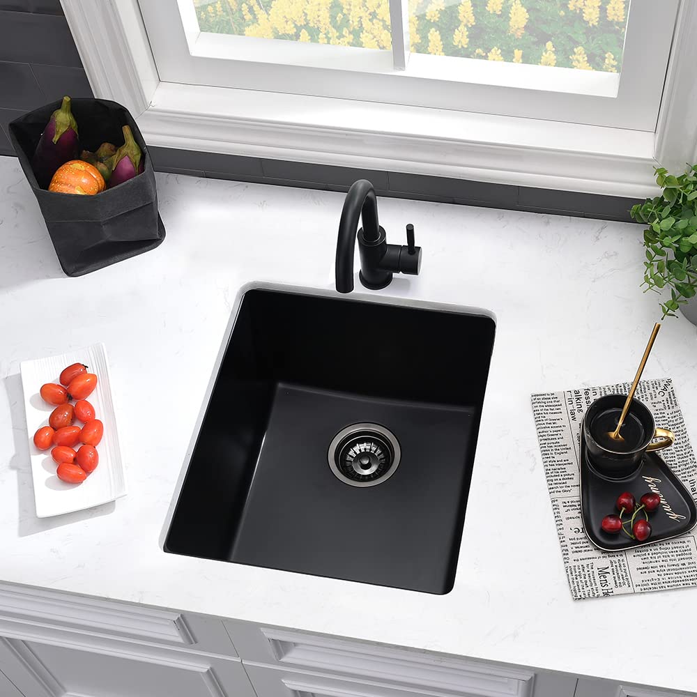15 Inch Black Undermount Bar Sink - VASOYO 15x17 Inch Black Granite Single Bowl Kitchen Sink for Wet Bar & Prep Station, Dual Mount Design with Bottom Grid & Drain - Perfect for Small Kitchens, Home Bars, and RV Use
