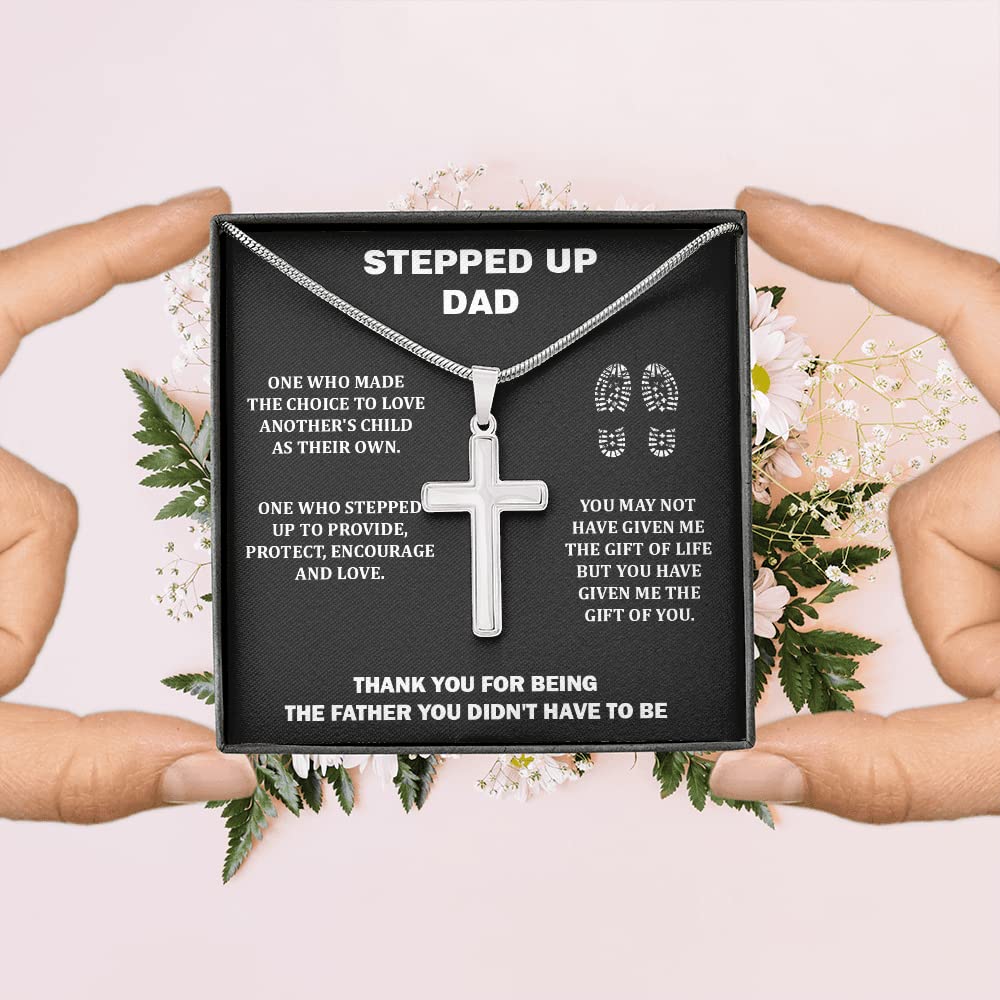 Personalized Step Dad Necklace - Stainless Steel Cross Pendant with Engraved Message Card & Gift Box - Thoughtful Father's Day, Birthday Gift from Daughter - Perfect for Special Occasions & Daily Wear