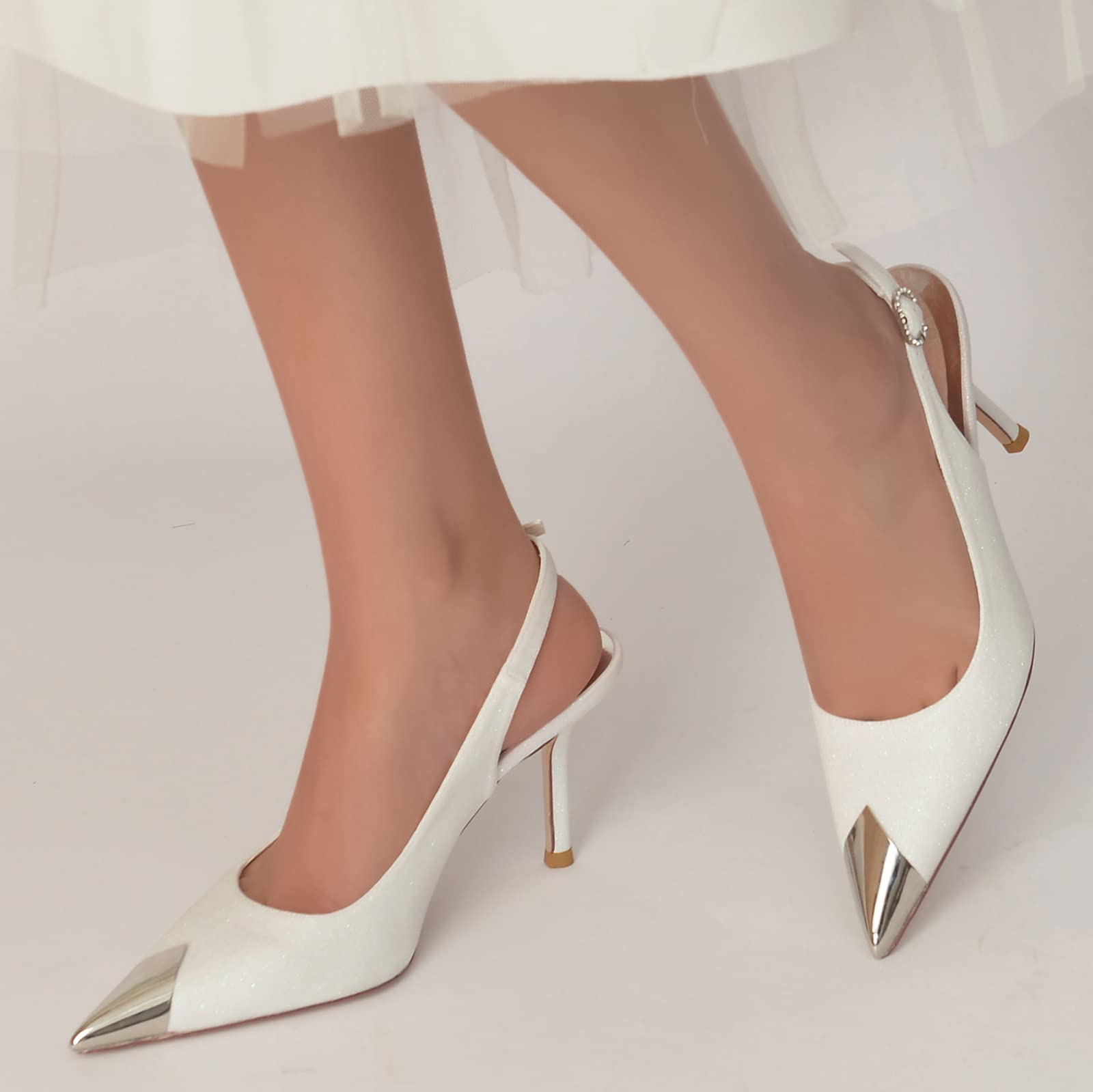 COMFASH 3.3 Inch Rhinestone Slingback Pumps - Women's Sequin Stiletto Heels Pointed Toe Backless Wedding Shoes | Bridal Dress Sandals for Bride, Party & Special Occasions - White, Size 6.5