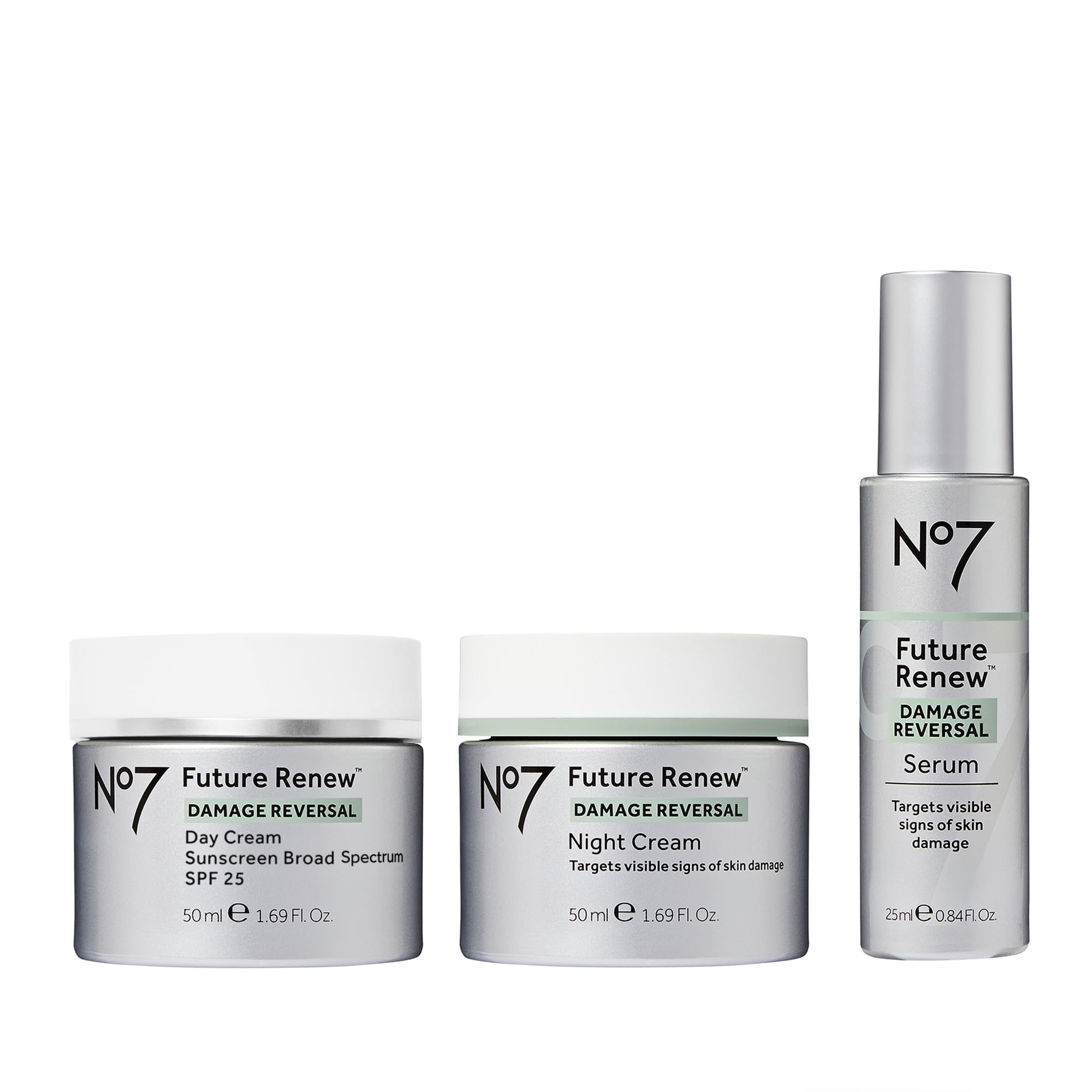 No7 Future Renew Damage Reversal Skincare Set - Anti-Aging Face Serum, Day Cream with SPF 25 & Night Cream - Reduce Wrinkles & Sun Damage - 3-Piece Skincare Kit for Mature Skin - Perfect for Daily Anti-Aging Routine & Nighttime Repair