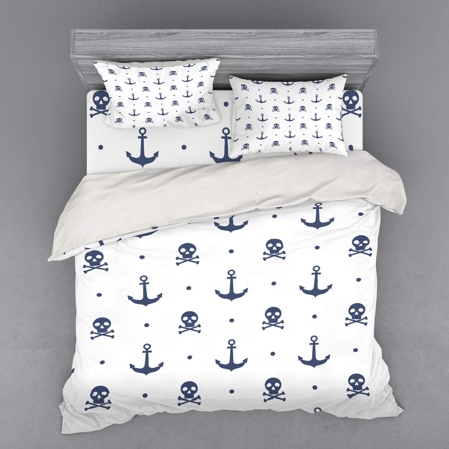 Ambesonne Anchor Duvet Cover Set - Pirate Themed Navy Blue King Size 4-Piece Bedding with Shams & Fitted Sheet - Perfect for Nautical Decor, Pirate Lover Gifts & Coastal Themed Bedrooms