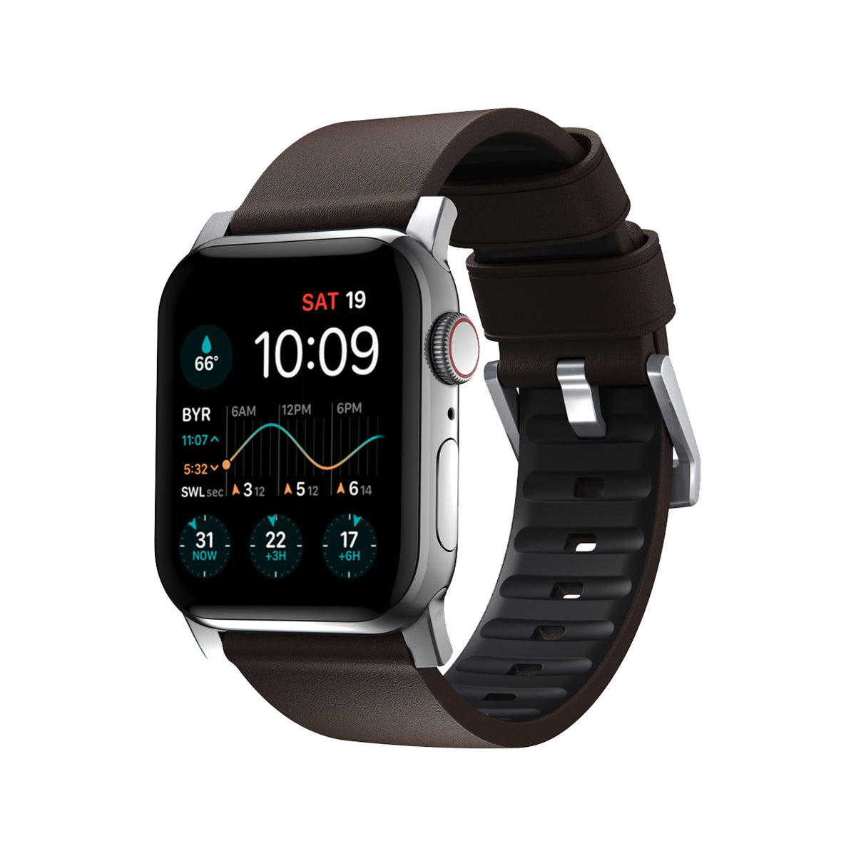Nomad Active Band Pro 45mm / 49mm Silver Hard Case with Premium Brown Leather Strap - Compatible with Apple Watch for Workout, Travel & Everyday Wear