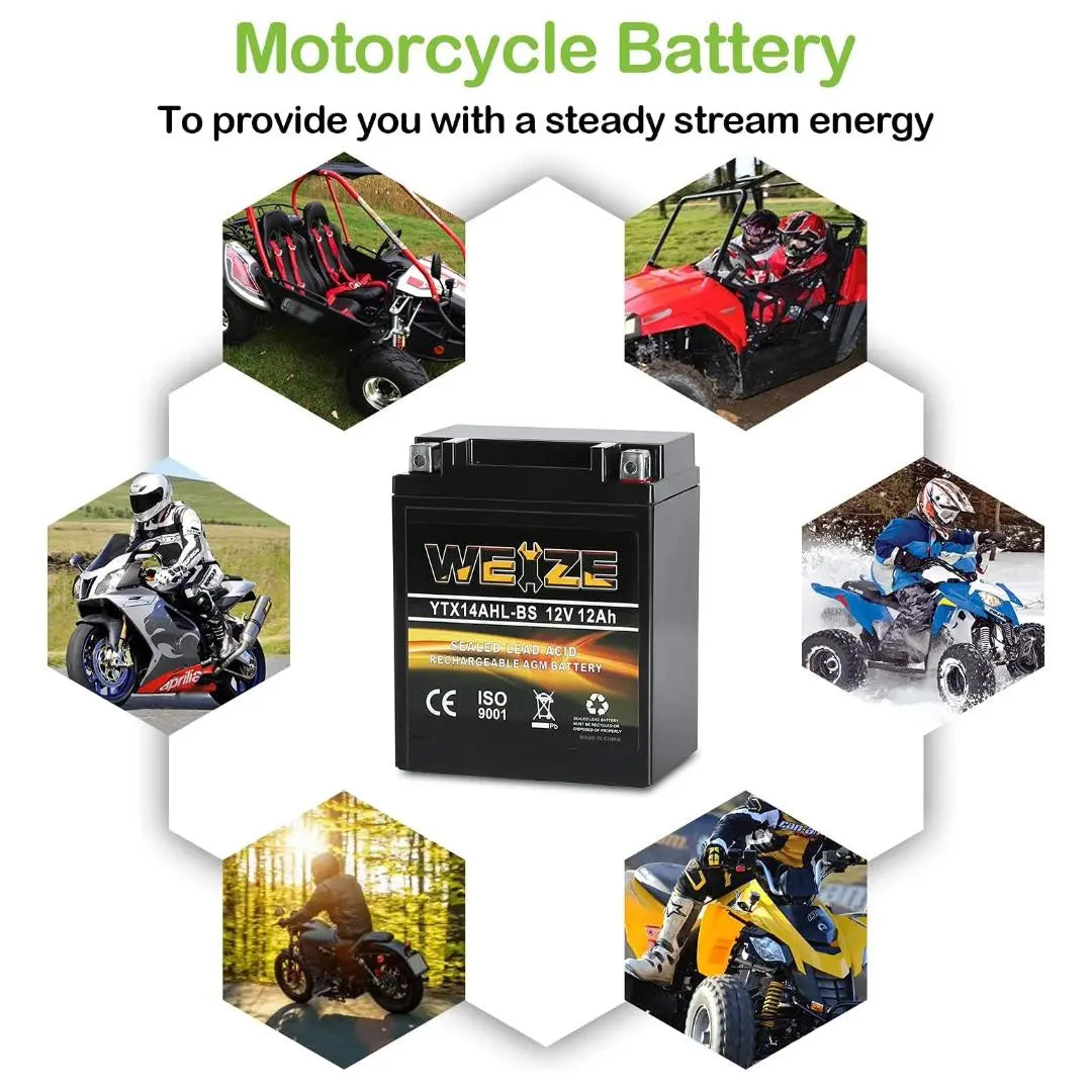 WEIZE YTX14AHL BS 12V 12Ah High Performance AGM Sealed Motorcycle Battery - Compatible with Polaris Scrambler, Sportsman 90, Honda NQ50 Spree Scooters, Kawasaki KLX110 - Perfect for Off-Road, ATV & Powersports Vehicles