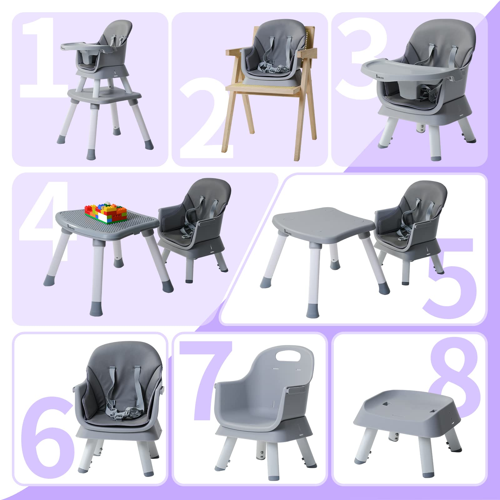 8-in-1 Convertible Baby High Chair with Removable Tray - Toddler Learning Table, Building Block Play Table & Kids Stool Set (Grey) - Perfect for Mealtime, Playtime & Early Childhood Development