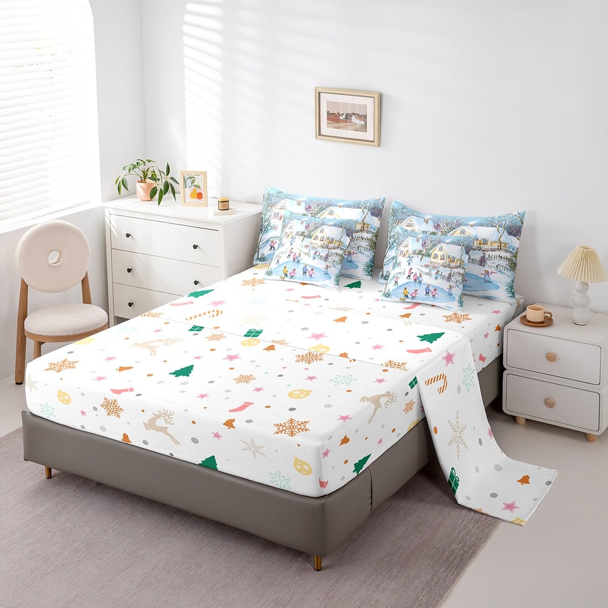Erosebridal 7-Piece Winter Ski Queen Bedding Set - Snow Skiing Themed Comforter Set with Sheets for Kids, Girls & Boys - Christmas Home Decor Rustic Country Bed Set with Fitted Sheet, Flat Sheet & Pillowcases - Cozy Ski Lodge Bedroom Decor for Winter Holidays & Snowy Getaways