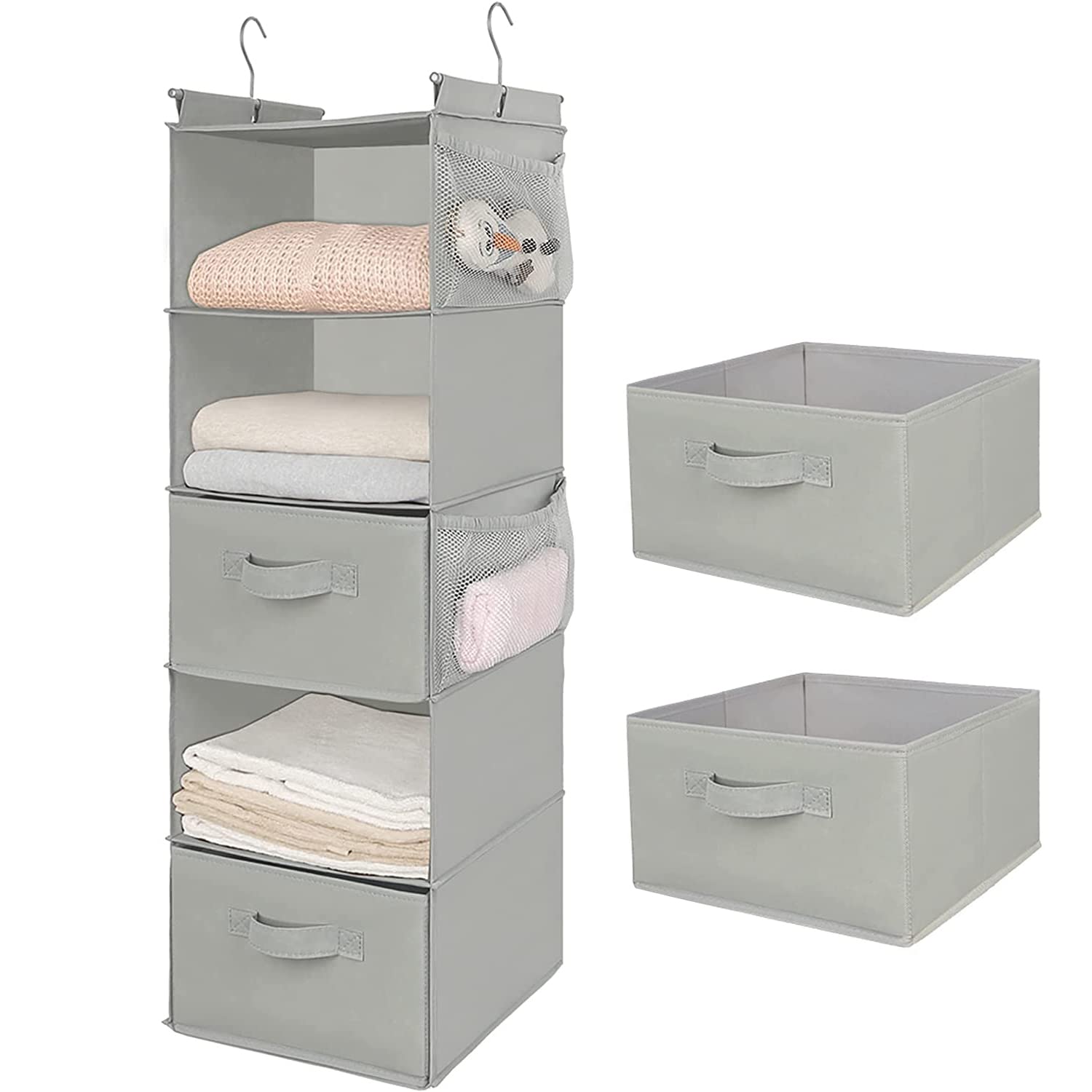 MAX Houser 5-Tier Foldable Hanging Closet Organizer - Space Saving Storage Shelf with 2 Sturdy Hooks for Clothes, Shoes & Accessories (Light Grey) - Perfect for Bedroom, Closet & Dorm Organization