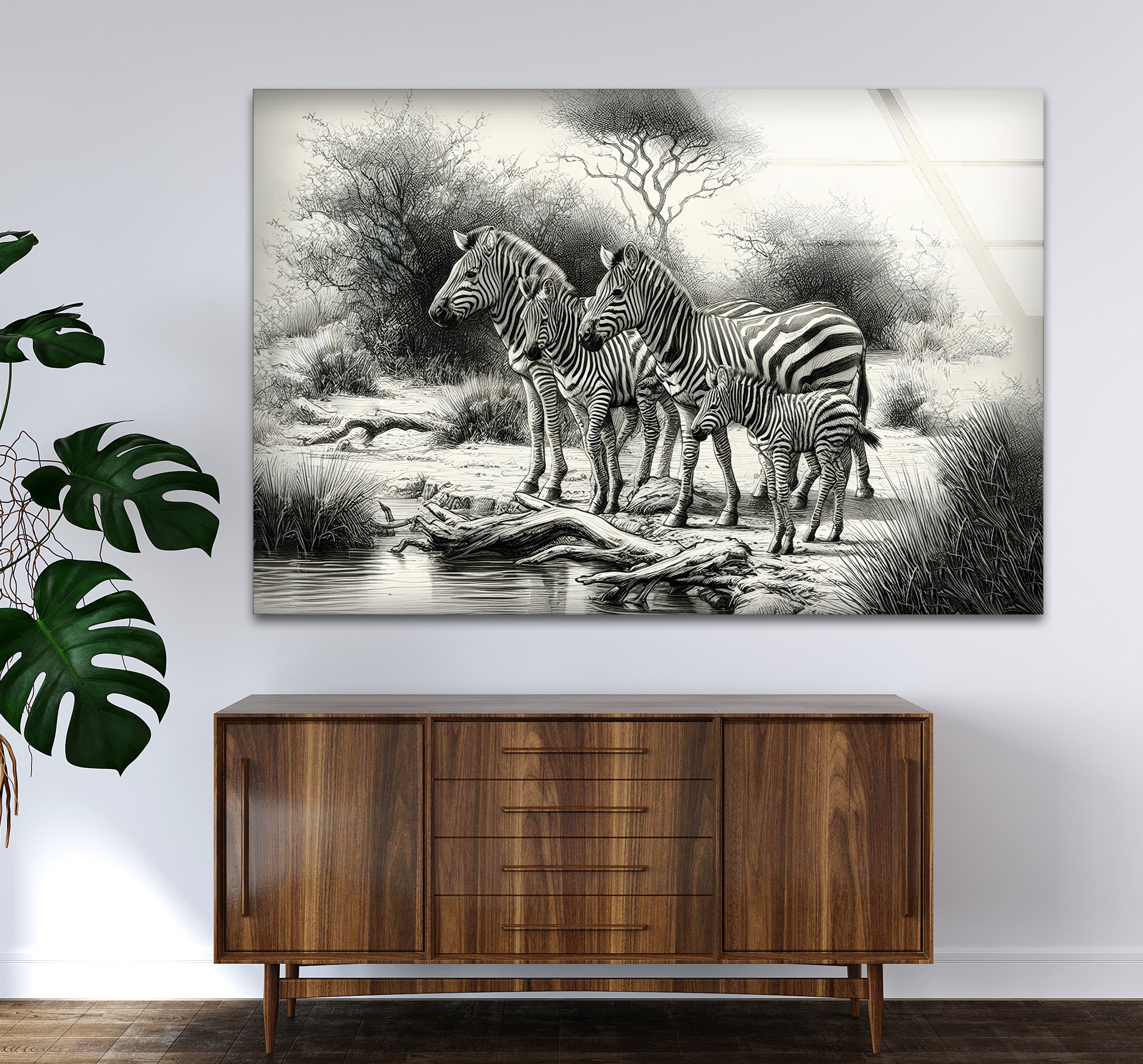 Black and White Zebra Family Glass Wall Art - Modern Home Decor for Living Room, Bedroom & Office - Unique Animal Print Wall Art for Safari & Wildlife Theme Decor