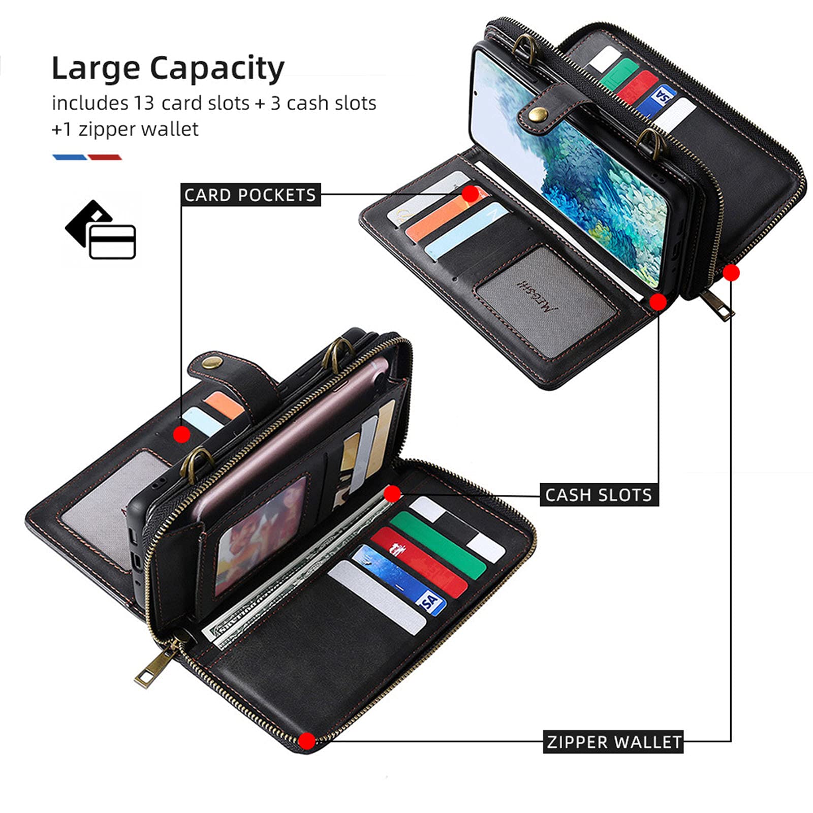 Multi-Function Wallet Phone Case for iPhone 12 with Crossbody Chain Strap - 13 Card Slots, 3 Cash Pockets & Zippered Wallet | Perfect for Travel, Shopping & Everyday Use