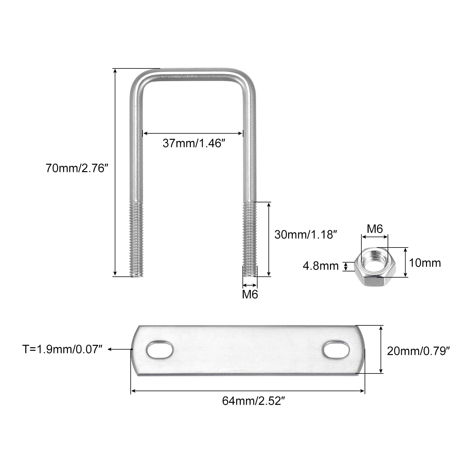 Stainless Steel U-Bolts 2 Pack - 37mm (1.46