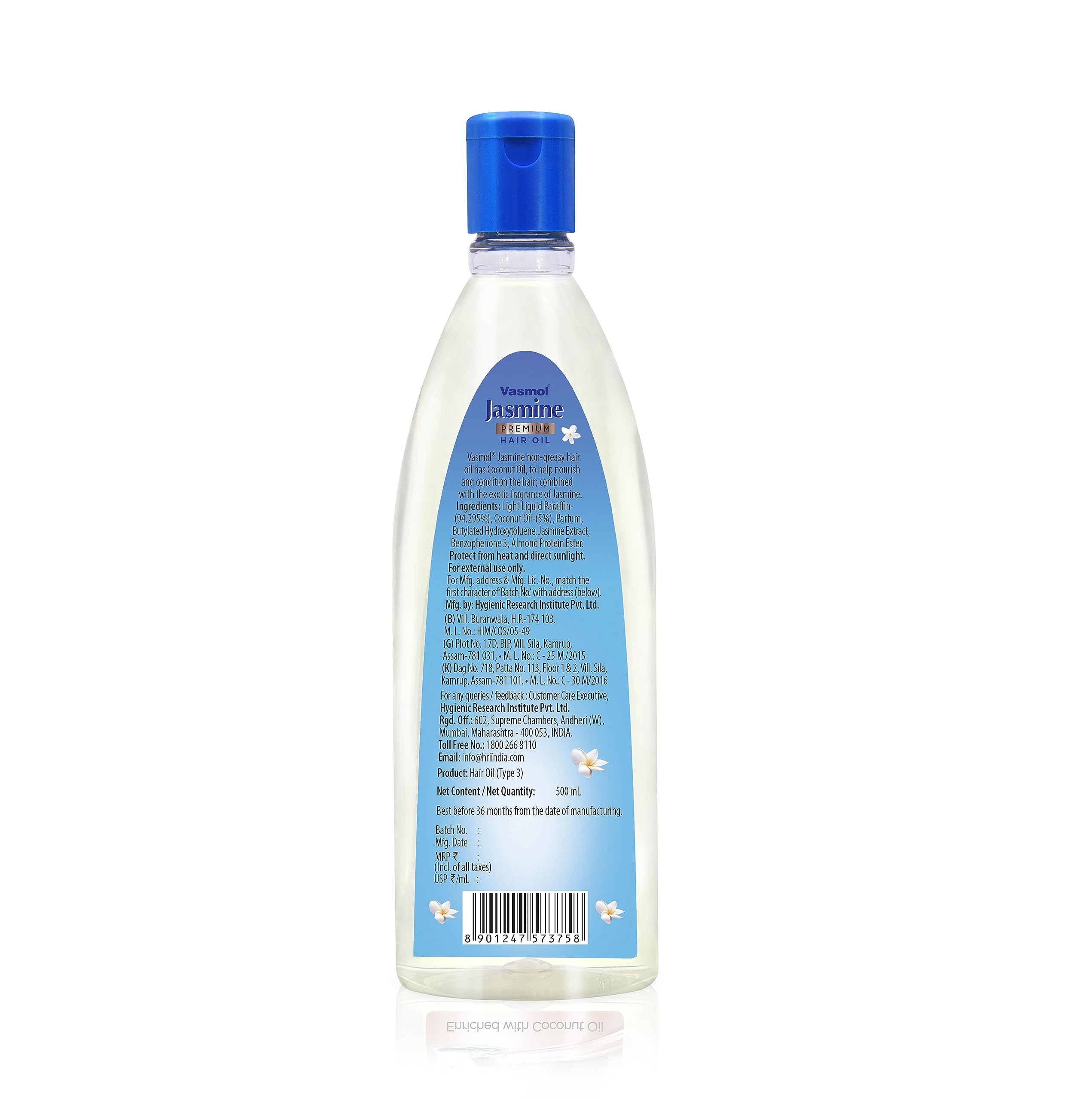 Vasmol Jasmine Premium Hair Oil 500ml - Nourishing & Strengthening Hair Treatment for Dry, Damaged Hair - Perfect for Daily Use & Scalp Massage