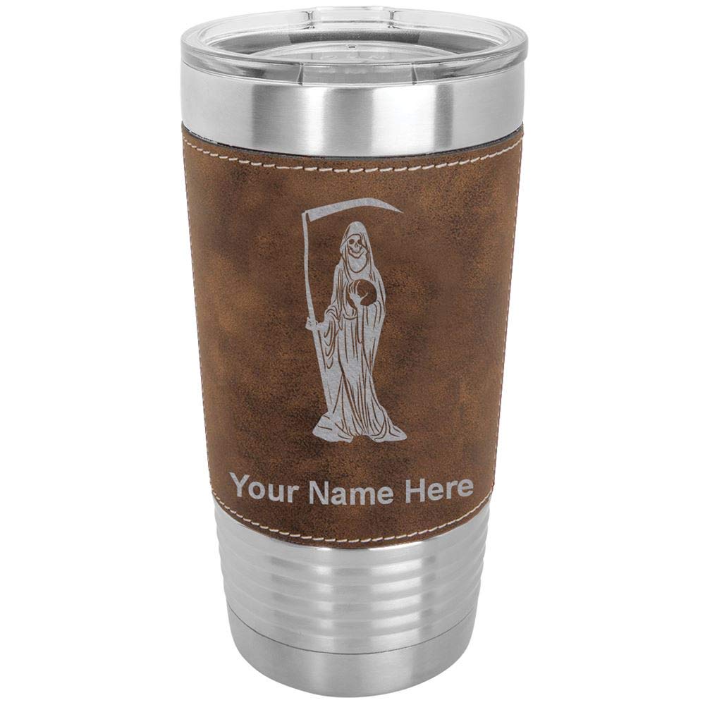LaserGram 20oz Vacuum Insulated Stainless Steel Tumbler Mug with Santa Muerte Design - Personalized Engraving, Faux Leather Handle & Rustic Finish - Perfect for Coffee, Tea & Cold Drinks at Home, Office or Travel