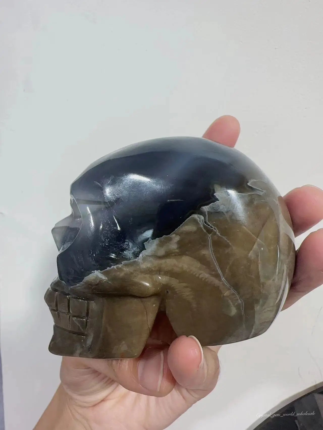 1PC Natural Volcanic Agate Green Flame Hand Carved Skull Quartz Crystal - Reiki Healing Stone, Spiritual Decor for Home, Office, Meditation & Yoga Space