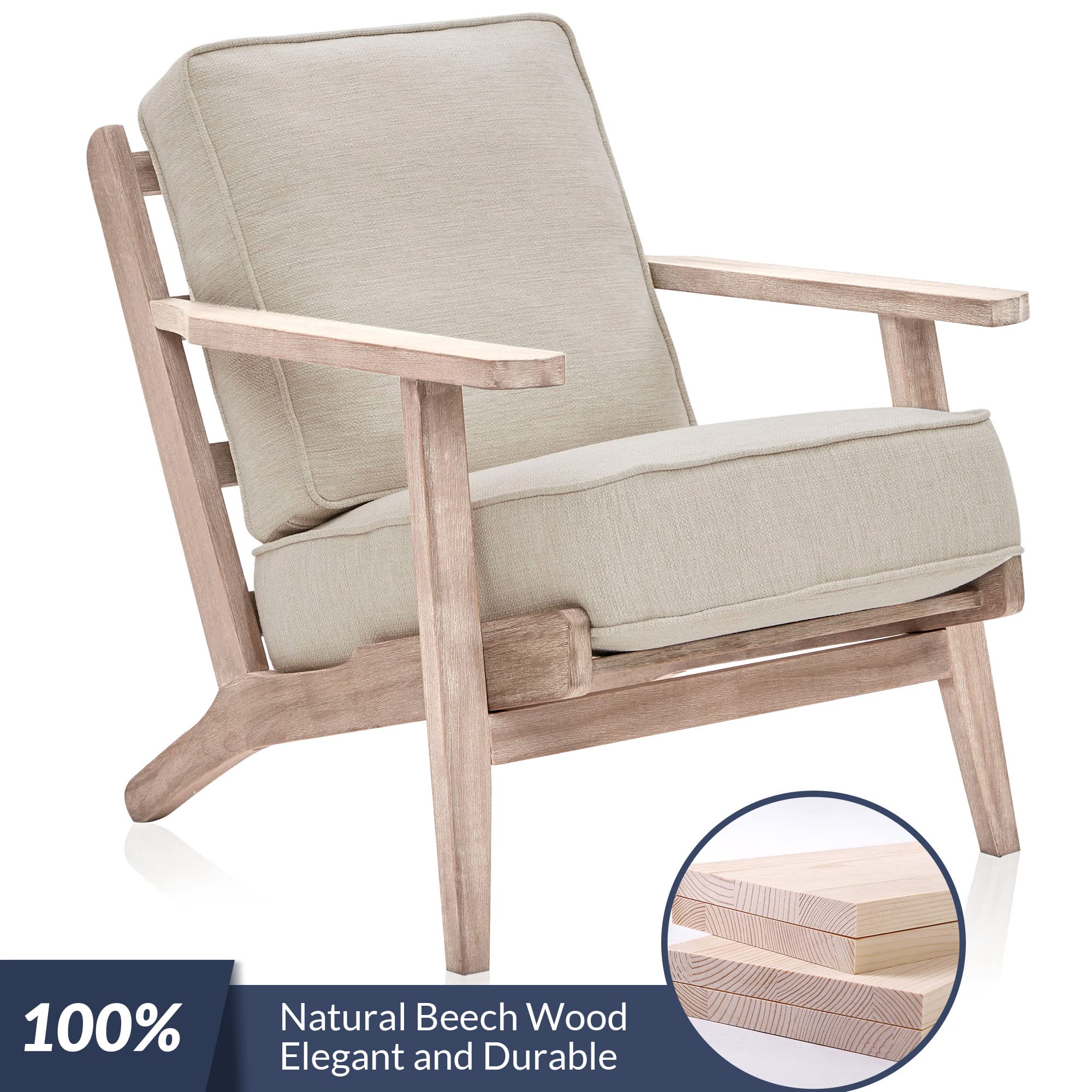 BELLEZE Mid Century Modern Chairs Set of 2 - Upholstered Linen Armchairs with Solid Wood Frame - Easy Assembly Accent Chairs for Living Room, Bedroom, Office - Maximus (Natural) | Perfect for Home Decor, Reading Nook & Guest Seating