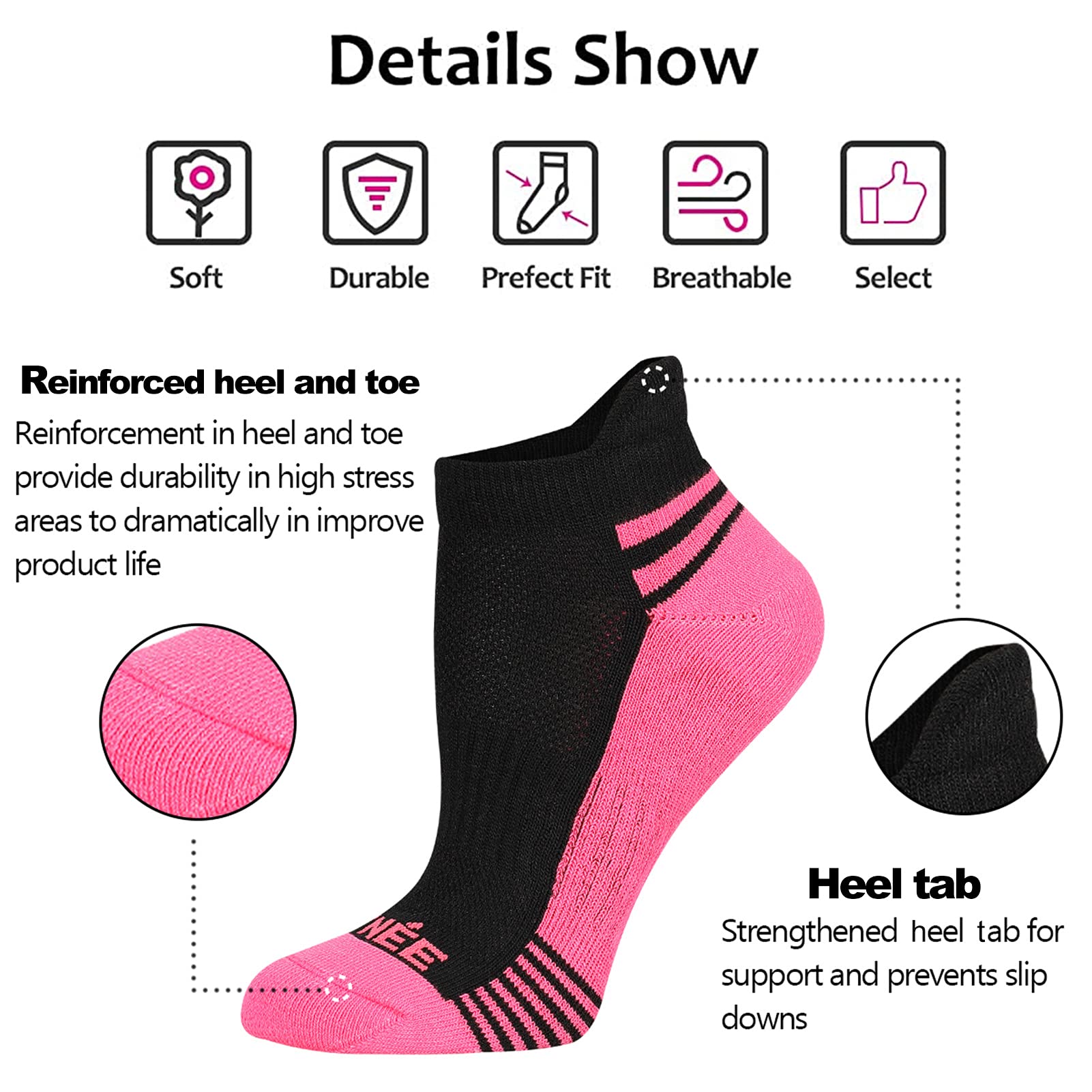 JOYNÉE Women's Ankle Cushioned Athletic Socks 6-Pack - Low Cut Running Socks with Heel Tab for Sports, Workout & Everyday Comfort
