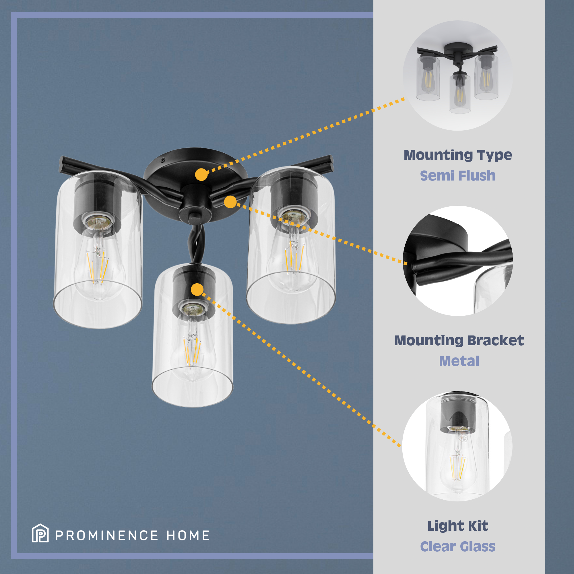 3-Light Semi Flush Mount Ceiling Light Fixture - Matte Black with Clear Glass Shades - Perfect for Bedroom, Living Room, Kitchen, and Hallway Lighting