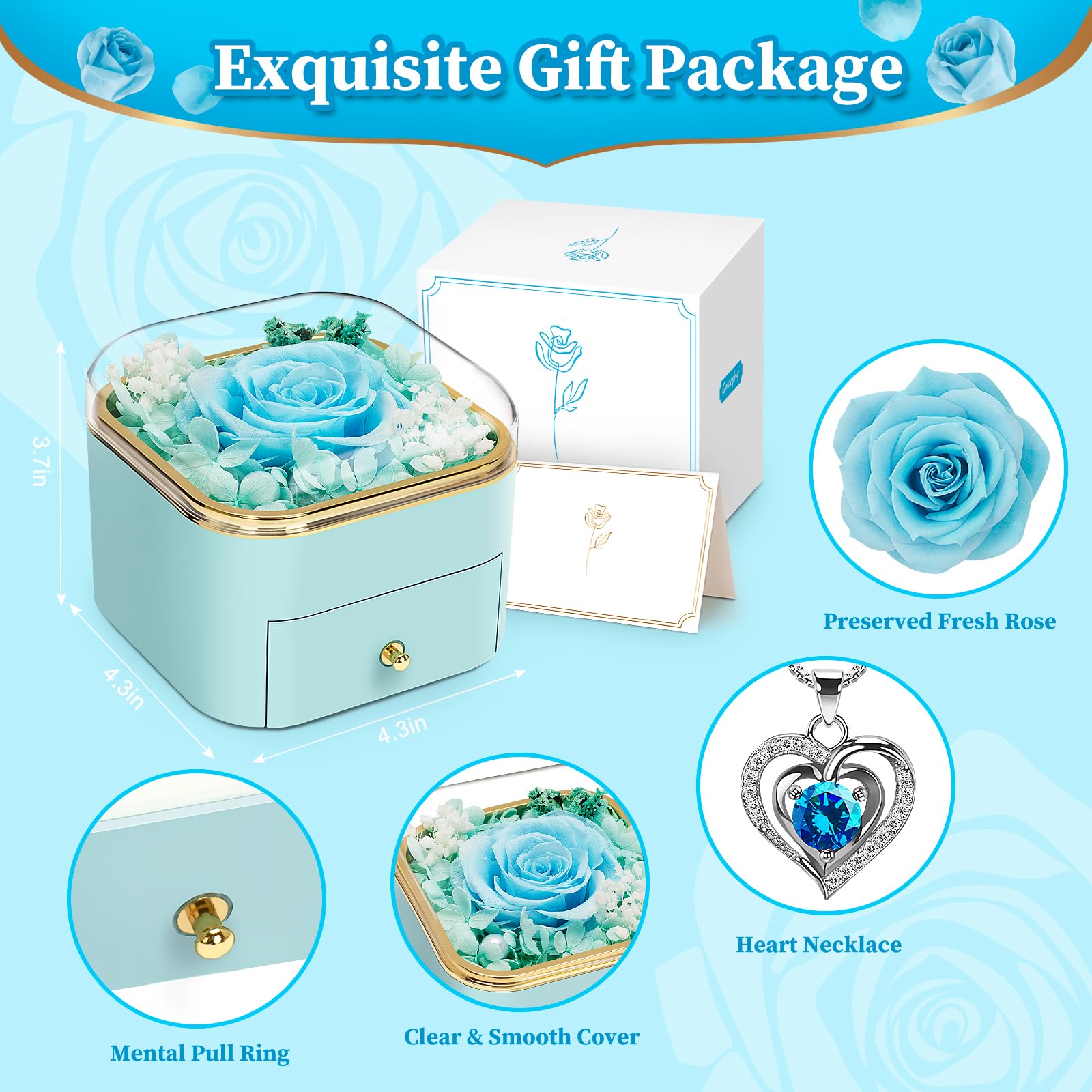 Real Preserved Rose Necklace Gift for Women - Eternal Flower Jewelry for Mom, Girlfriend, Wife | Christmas, Birthday, Anniversary Present | Romantic Keepsake for Special Occasions (Light Blue)