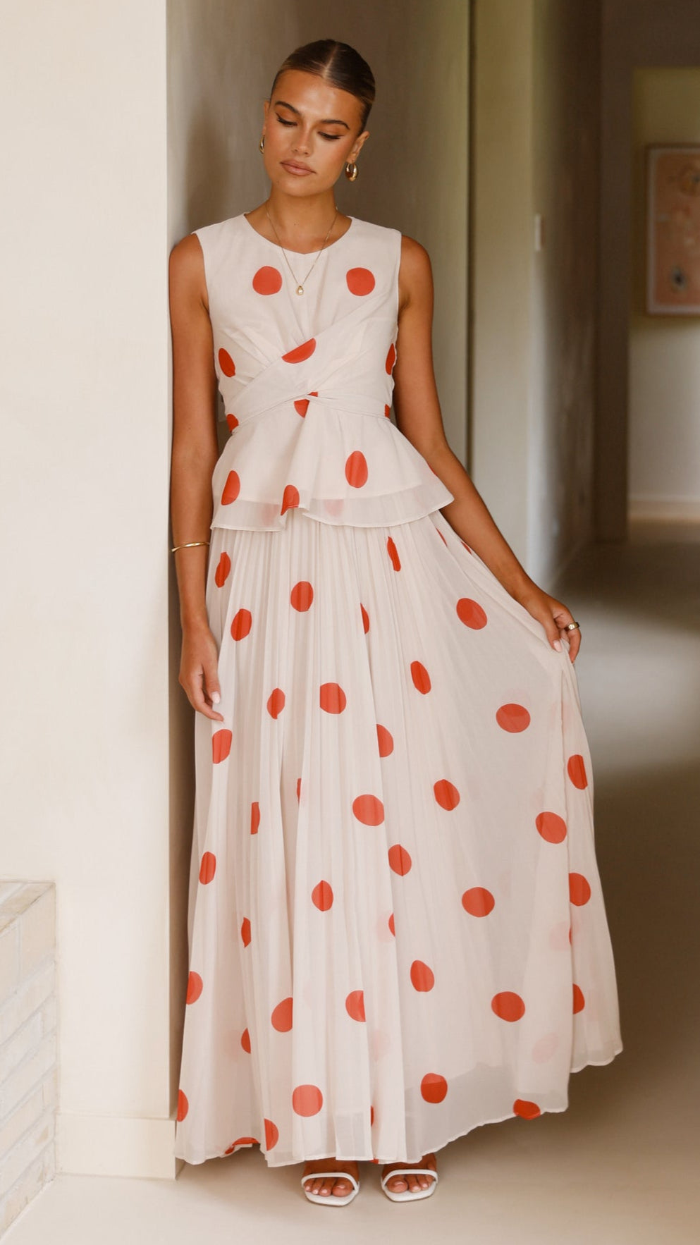 Cambree Peplum Top and Maxi Skirt Set - Beige & Red Polka Dot Women's Outfit | Elegant Two-Piece Dress for Casual Wear, Date Night & Special Occasions