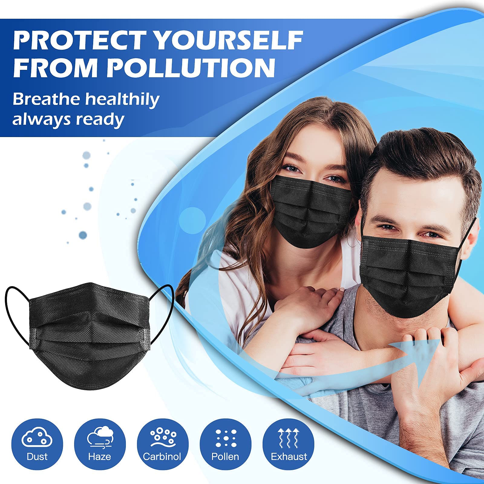 XDX Black Disposable Face Masks 50 Pack - 4 Layer Individually Wrapped Breathable Masks for Women & Men | Perfect for Daily Commute, Office Work, and Public Safety Protection
