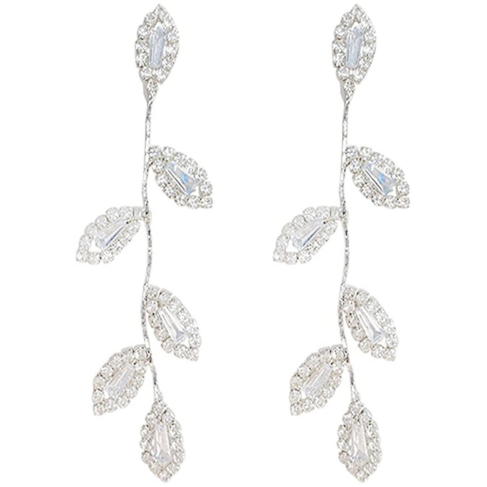 Elegant Silver Drop Dangling Earrings for Women - Rhinestone Bridal Wedding Prom Anniversary Jewelry - Delicate Leaf Design Long Earrings - Perfect for Weddings, Parties, and Special Occasions