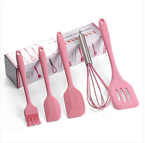 Premium 5-Piece Silicone Spatula Set for Cooking, Baking & Mixing - Includes Small Brush, Scraper, Large Scraper, Egg Beater & Spatula - Heat Resistant Kitchen Utensils (Pink) - Perfect for Cake Decorating, Cookie Dough Mixing & Non-Stick Pan Cooking