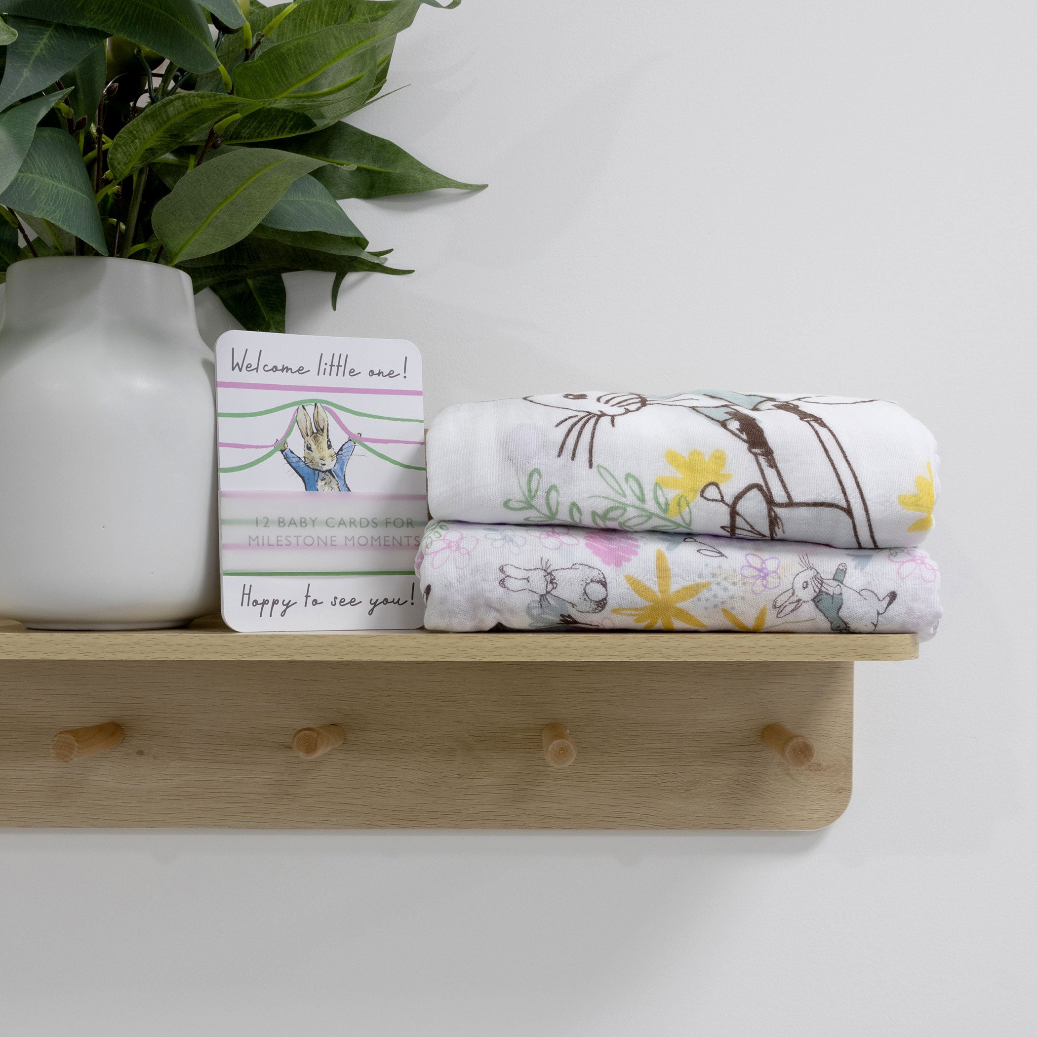 Peter Rabbit 'New Adventure' 2-Pack Muslin Swaddle Blankets & Baby Milestone Cards Set - Pink | Soft Cotton Baby Shower Gift for Newborns, Photography Props & Nursery Essentials