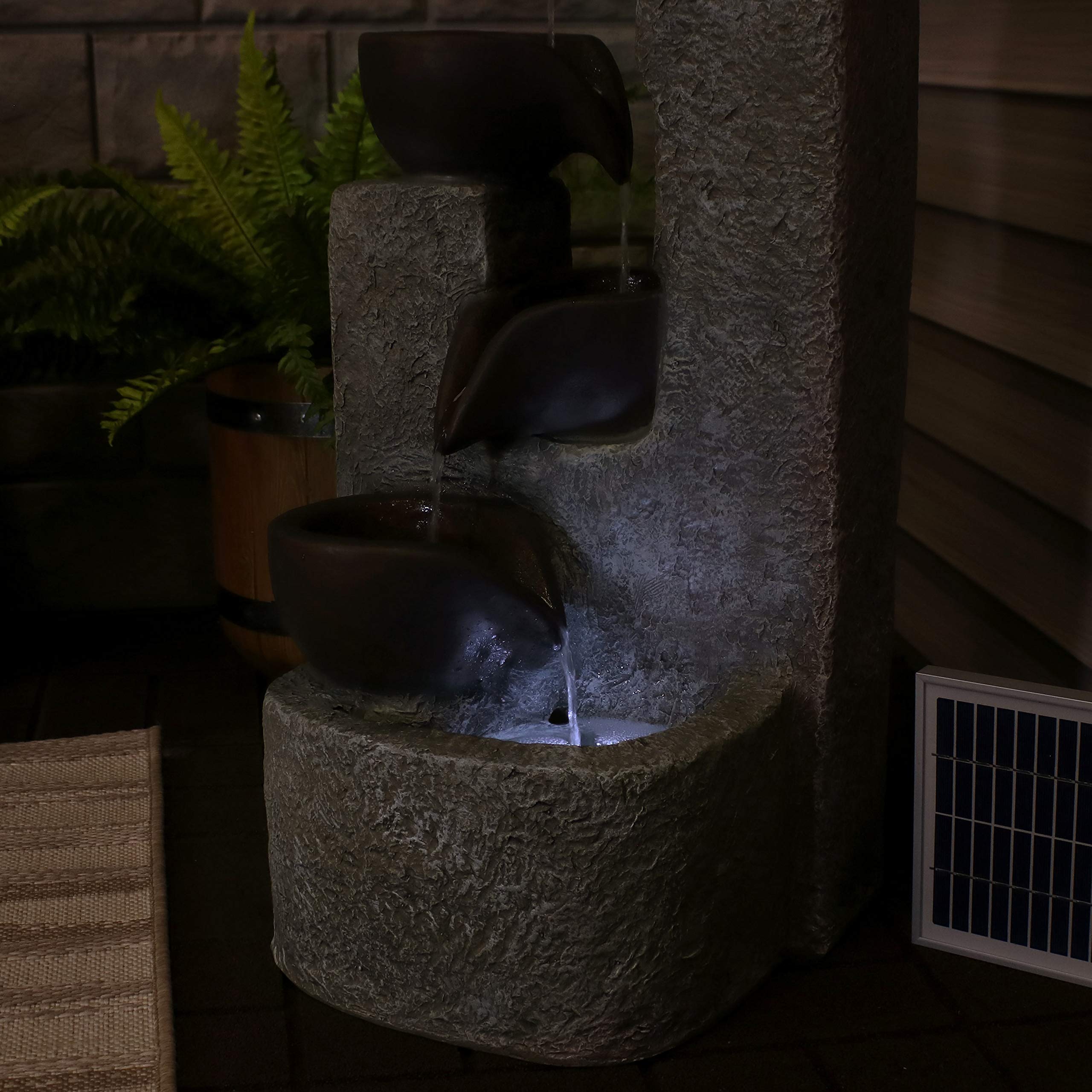 Sunnydaze 29-Inch Aged Tiered Solar Fountain with Battery Backup - Outdoor Water Feature with Submersible Pump - Polyresin Garden Decor for Patio, Yard, and Landscape